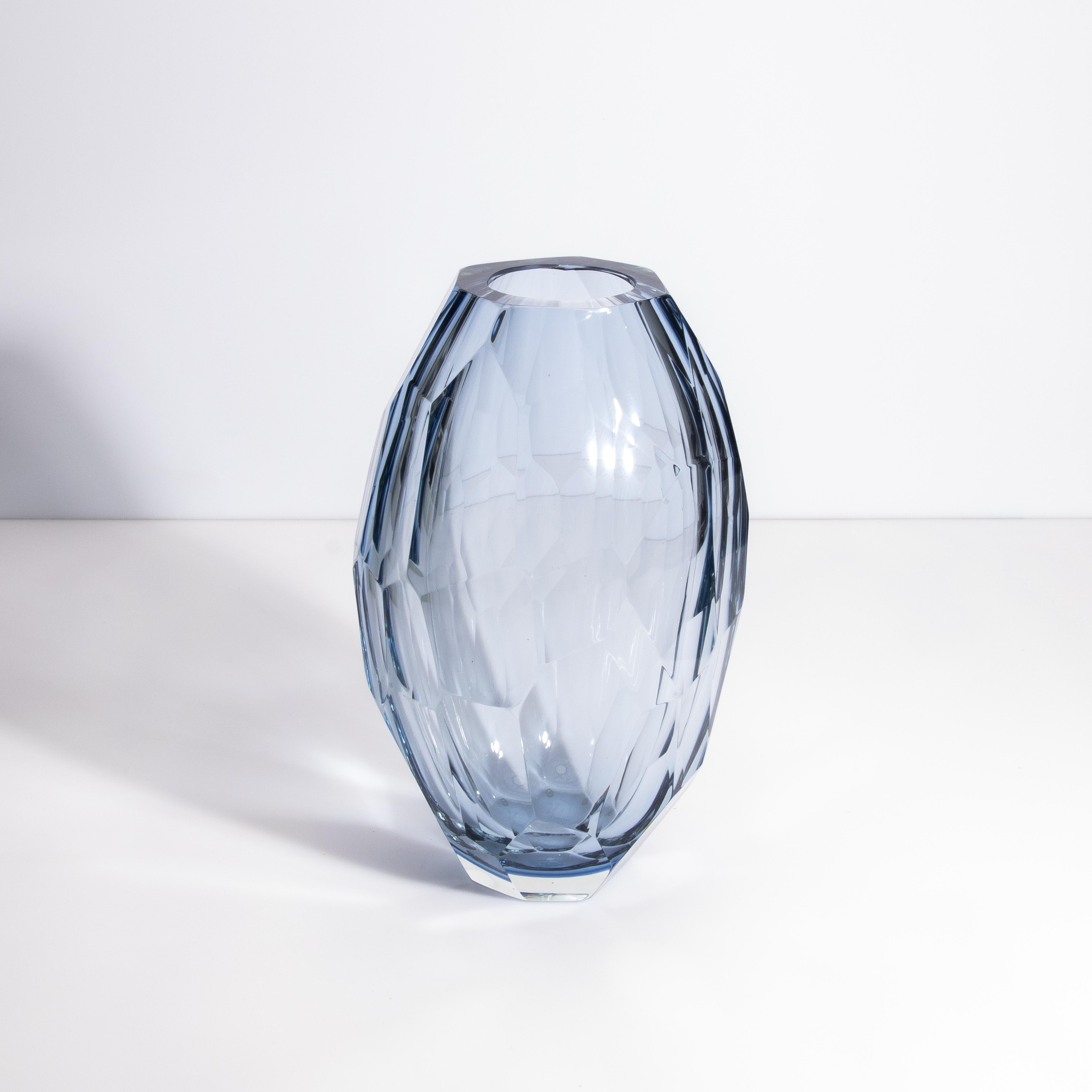 Vase baril à facettes soufflé à la main de Murano en aigue-marine, lot de 3 en vente 1