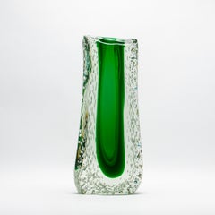 Hand-Blown Murano Fluid Vase in Clear with Emerald Green and Bubble Details