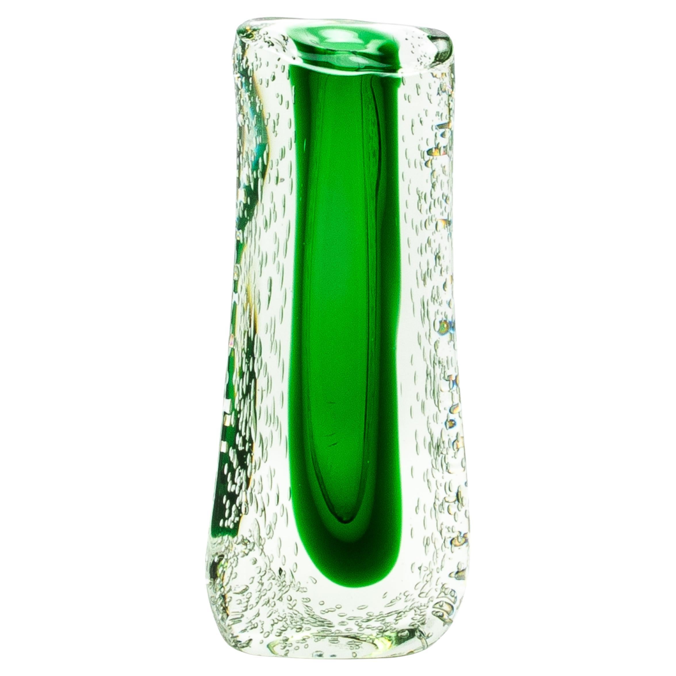 Hand-Blown Murano Fluid Vase in Clear with Emerald Green and Bubble Details