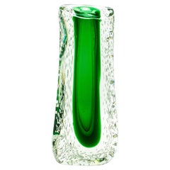 Hand-Blown Murano Fluid Vase in Clear with Emerald Green and Bubble Details