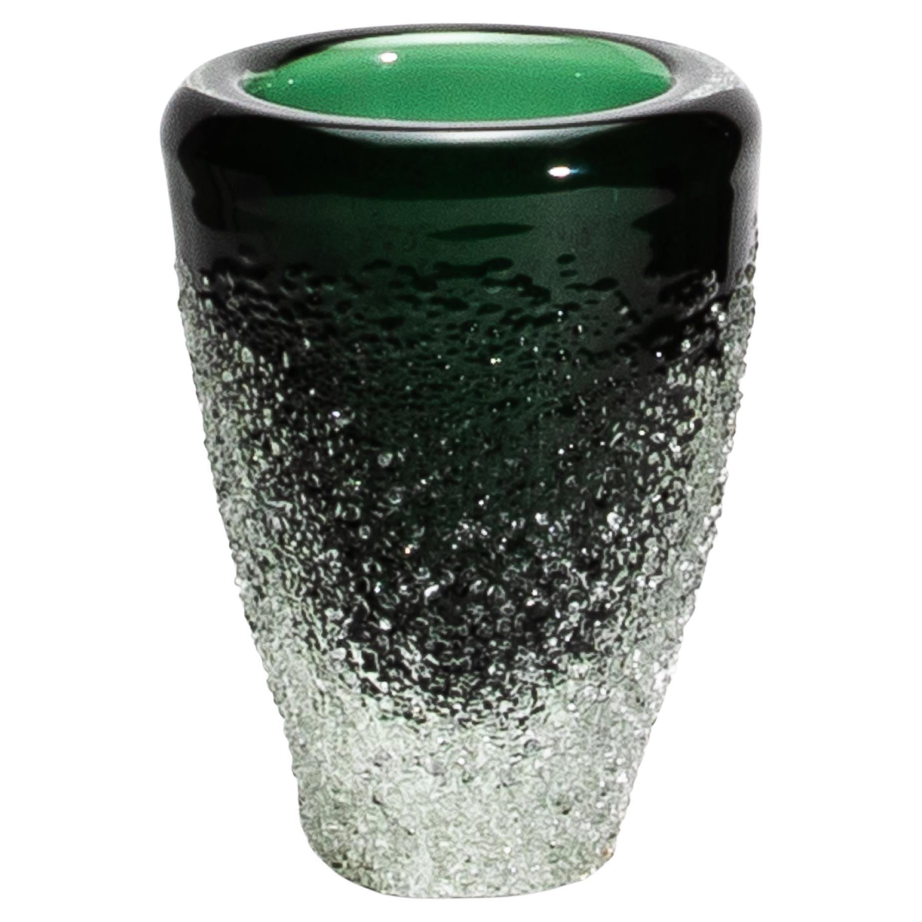 Hand-Blown Murano Frozen Vase in Emerald Green Medium