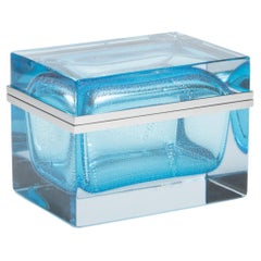 Hand-Blown Murano Giant Box in Aqua Blue with Silver Flecks and Chrome Fittings