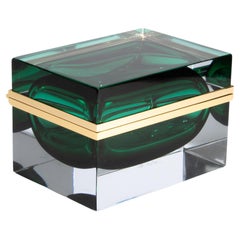 Boîte géante en verre de Murano soufflé à la main en vert émeraude avec accessoires en laiton