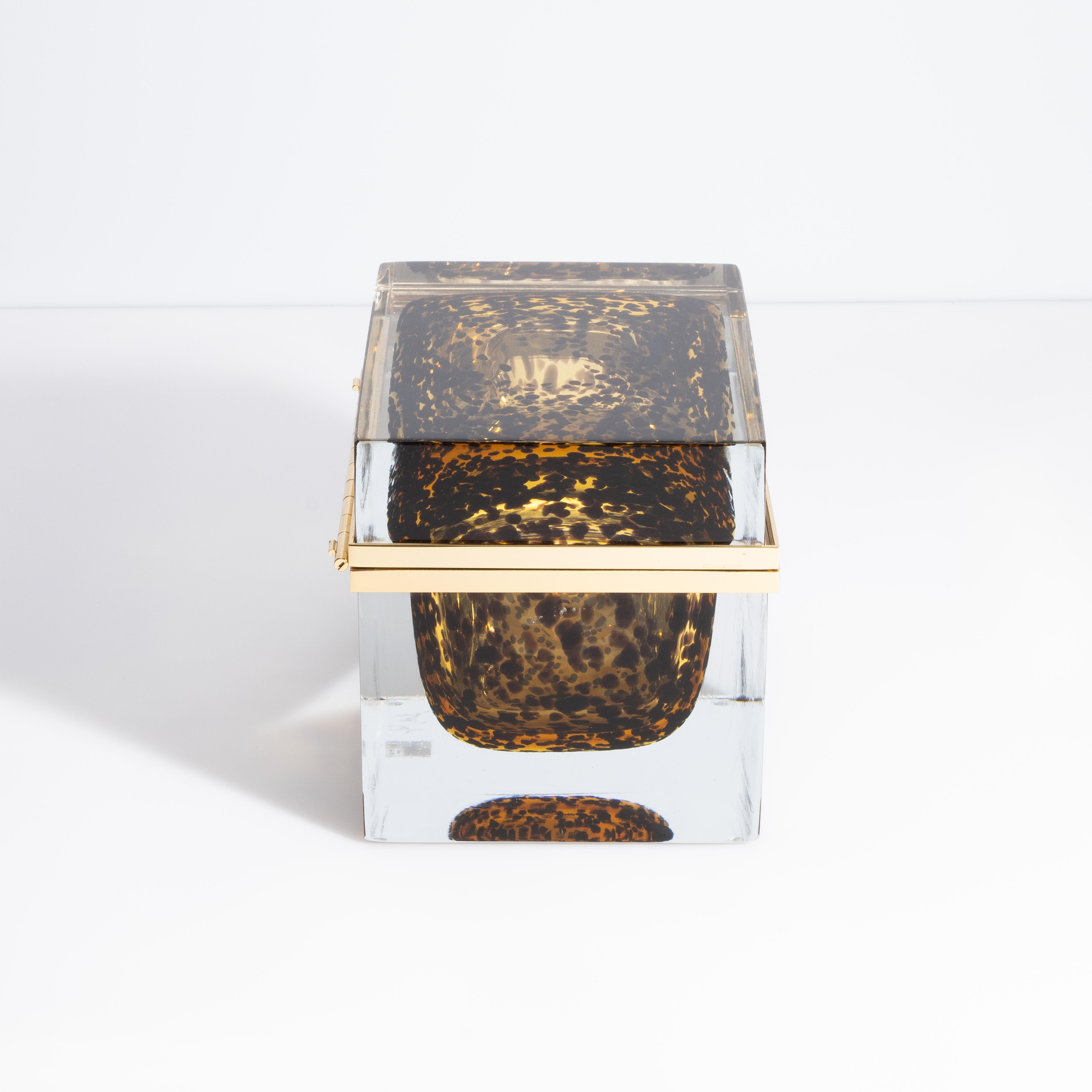 Hand-Crafted Giant Hand Blown Murano Glass Box Leopard with Brass Fittings For Sale