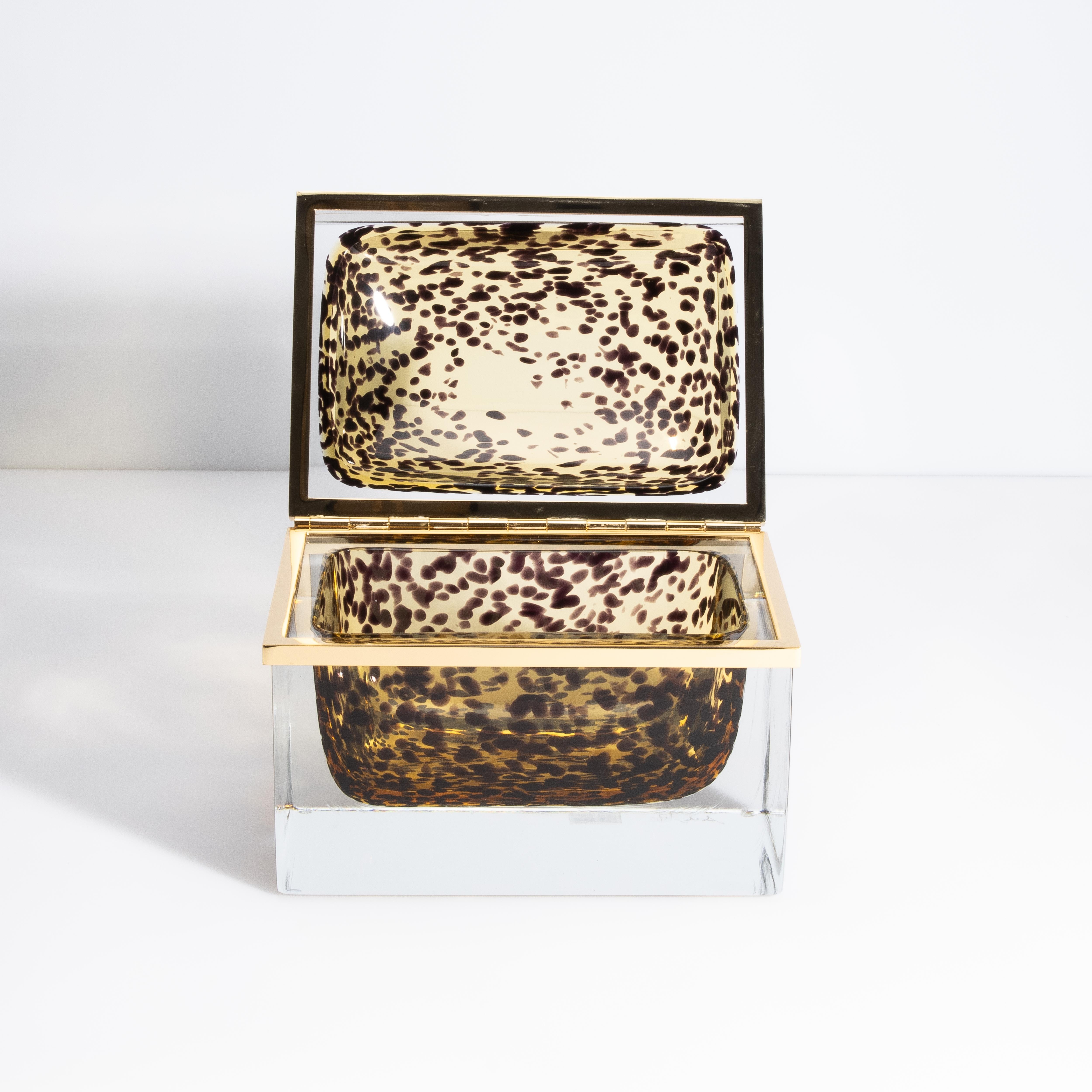 Contemporary Giant Hand Blown Murano Glass Box Leopard with Brass Fittings For Sale