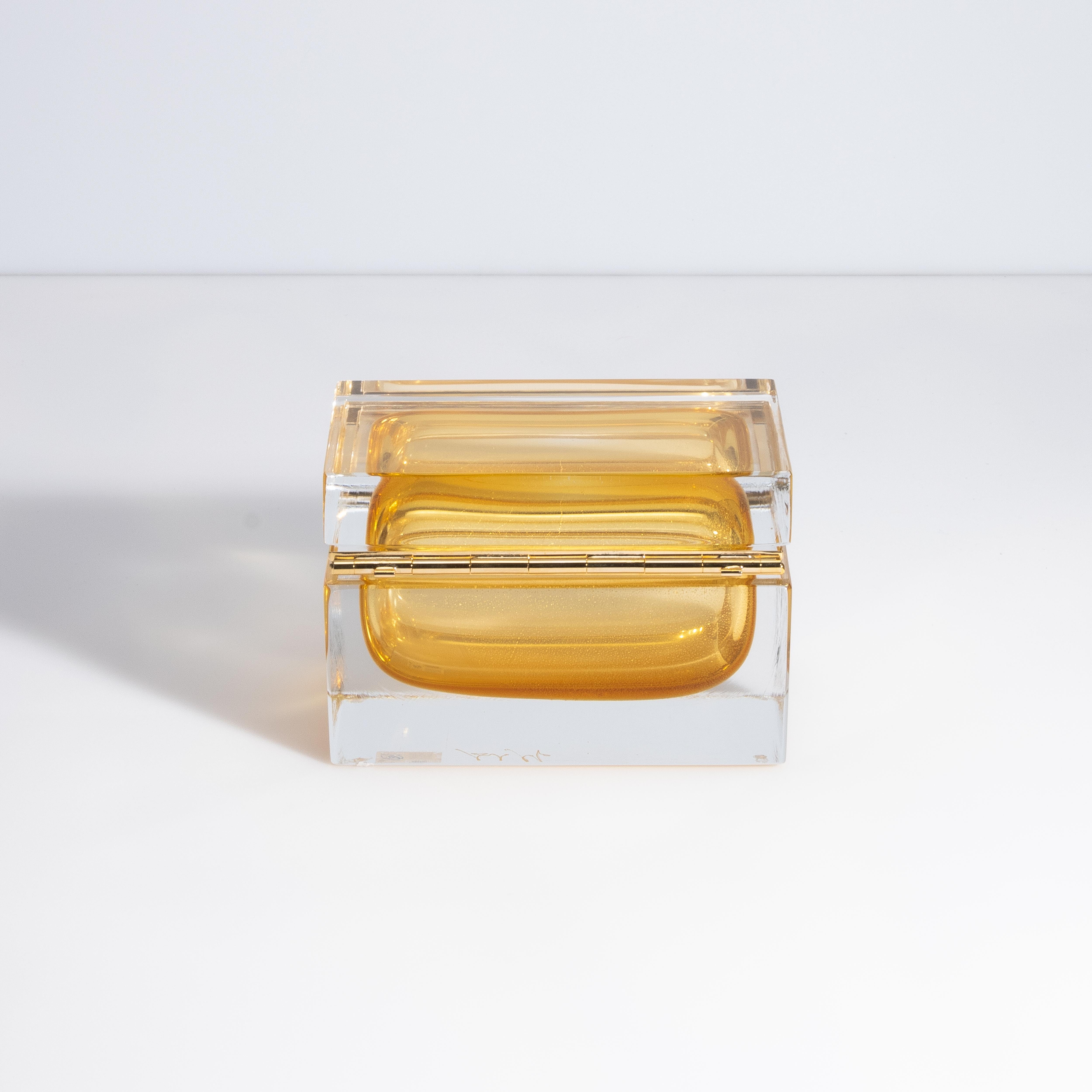 Italian Hand Blown Murano Glass Box in Amber with 24 Karat Gold Flecks and Brass Fitting For Sale