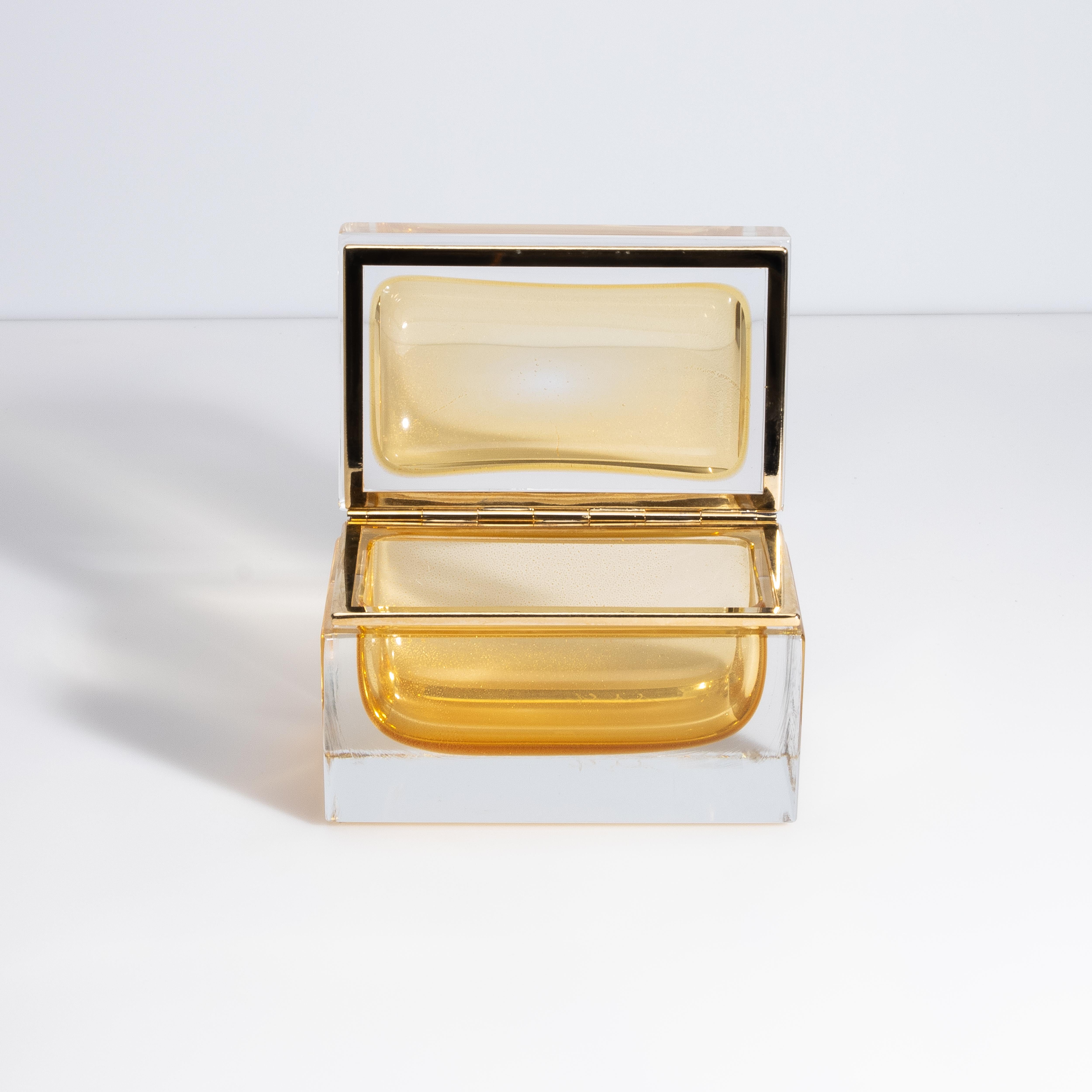 Hand-Crafted Hand Blown Murano Glass Box in Amber with 24 Karat Gold Flecks and Brass Fitting For Sale