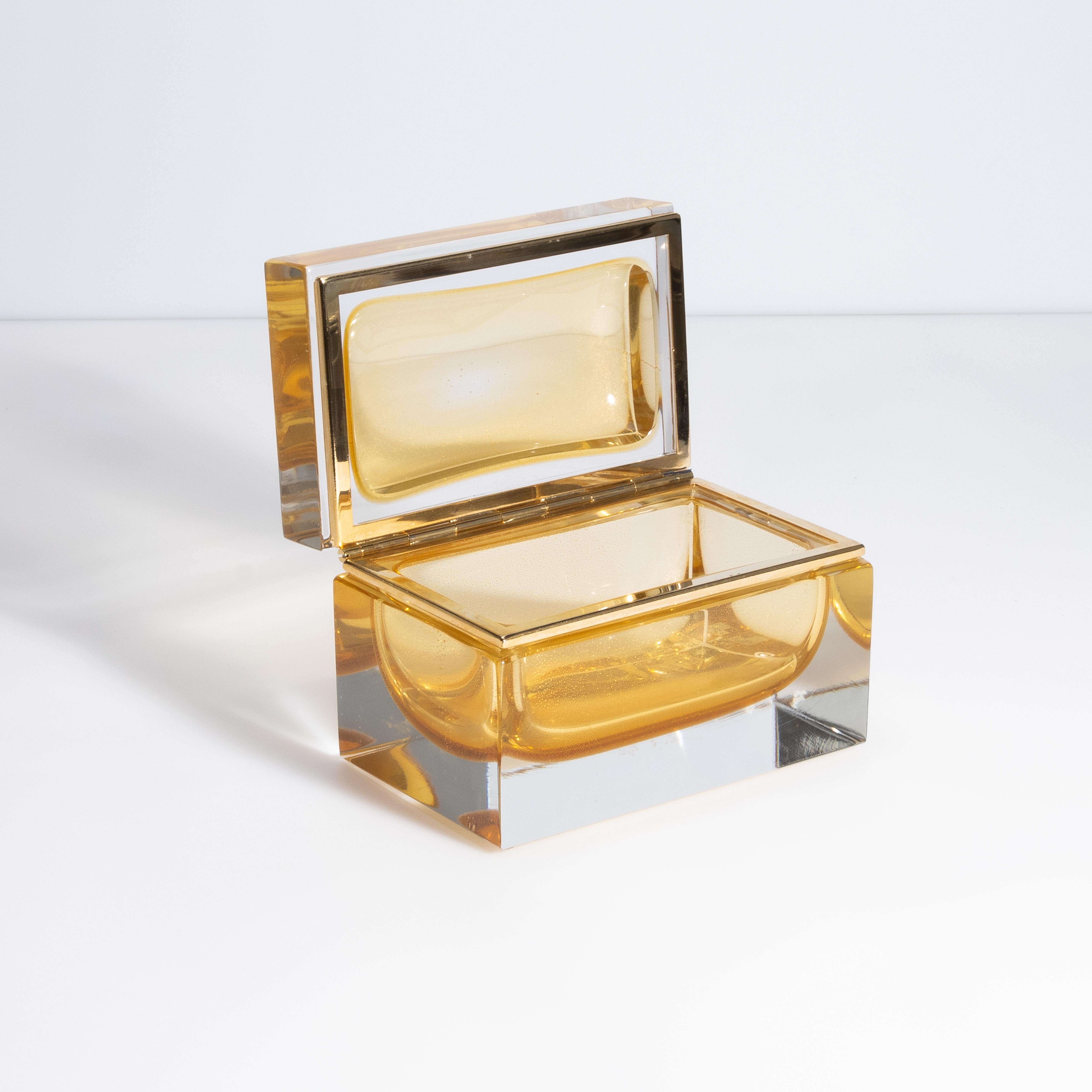Hand Blown Murano Glass Box in Amber with 24 Karat Gold Flecks and Brass Fitting In New Condition For Sale In West Hollywood, CA