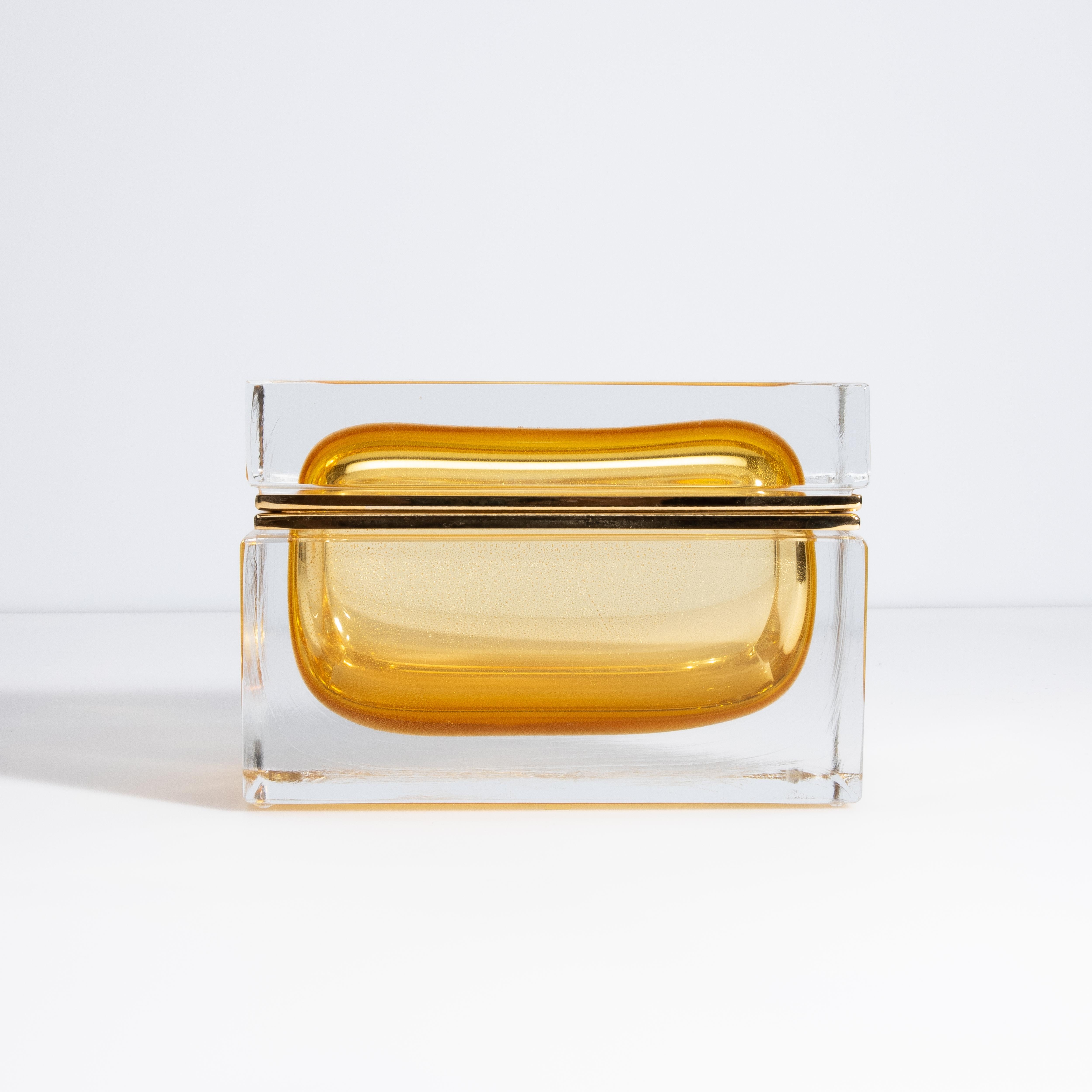 Contemporary Hand Blown Murano Glass Box in Amber with 24 Karat Gold Flecks and Brass Fitting For Sale