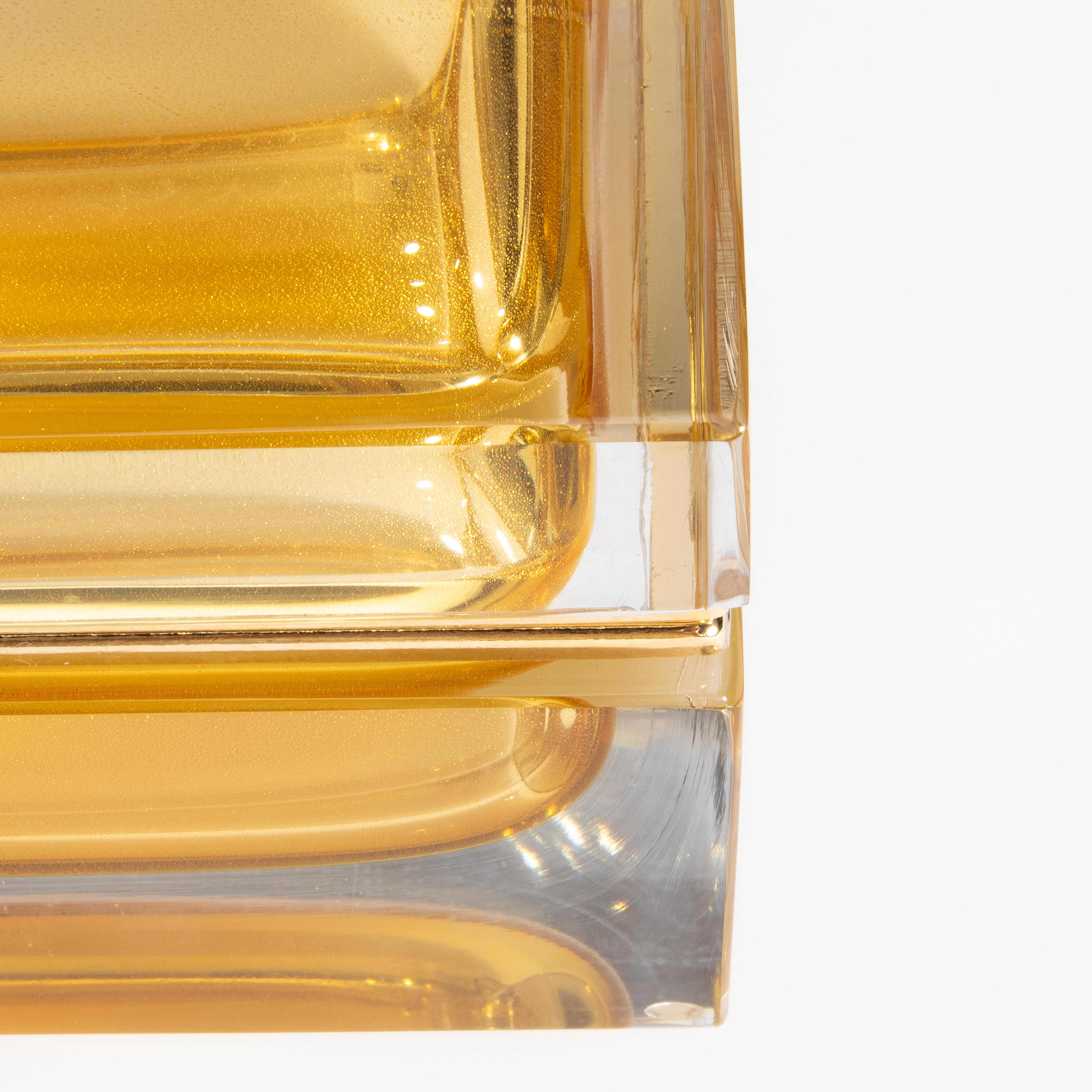 Hand Blown Murano Glass Box in Amber with 24 Karat Gold Flecks and Brass Fitting For Sale 1