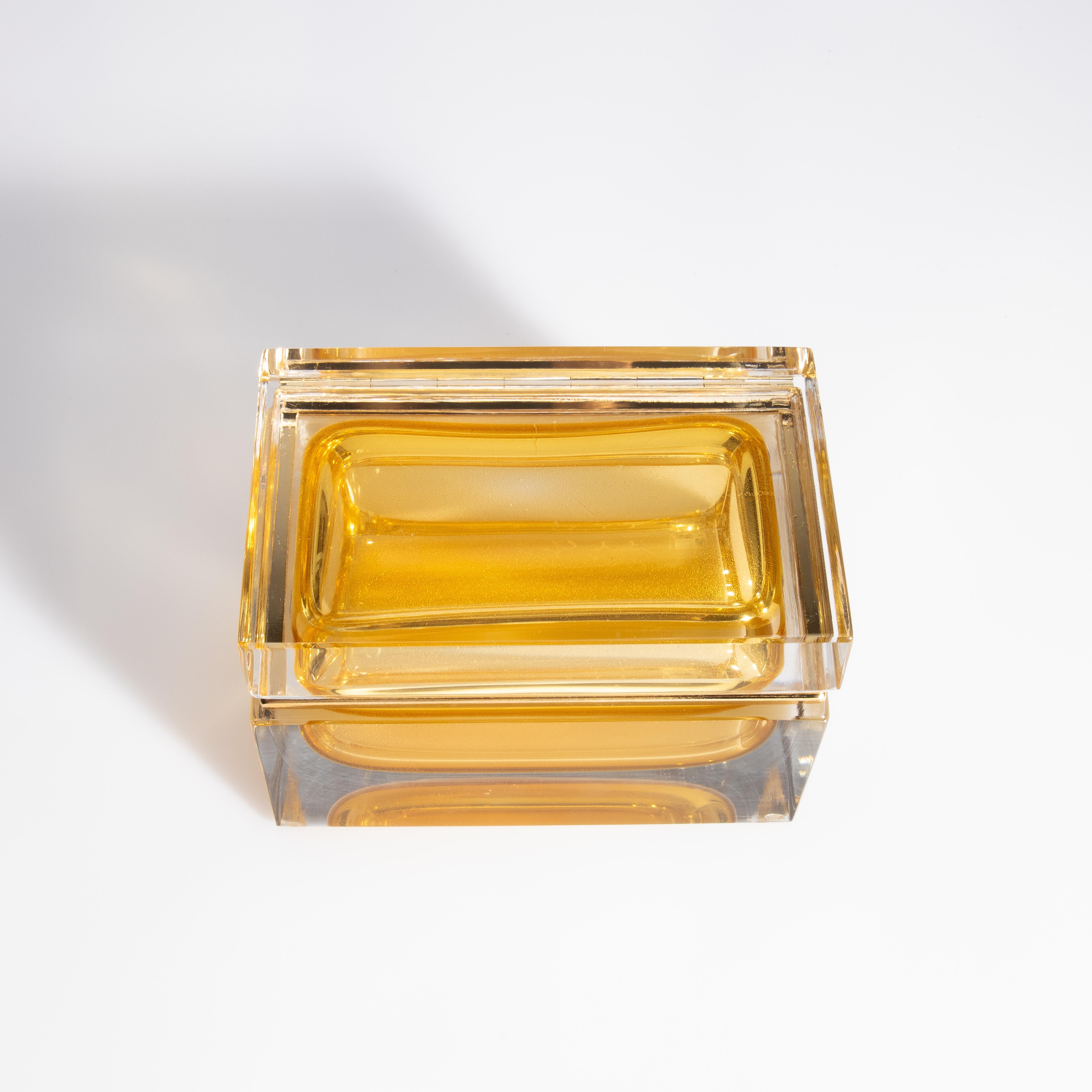 Hand Blown Murano Glass Box in Amber with 24 Karat Gold Flecks and Brass Fitting For Sale 2