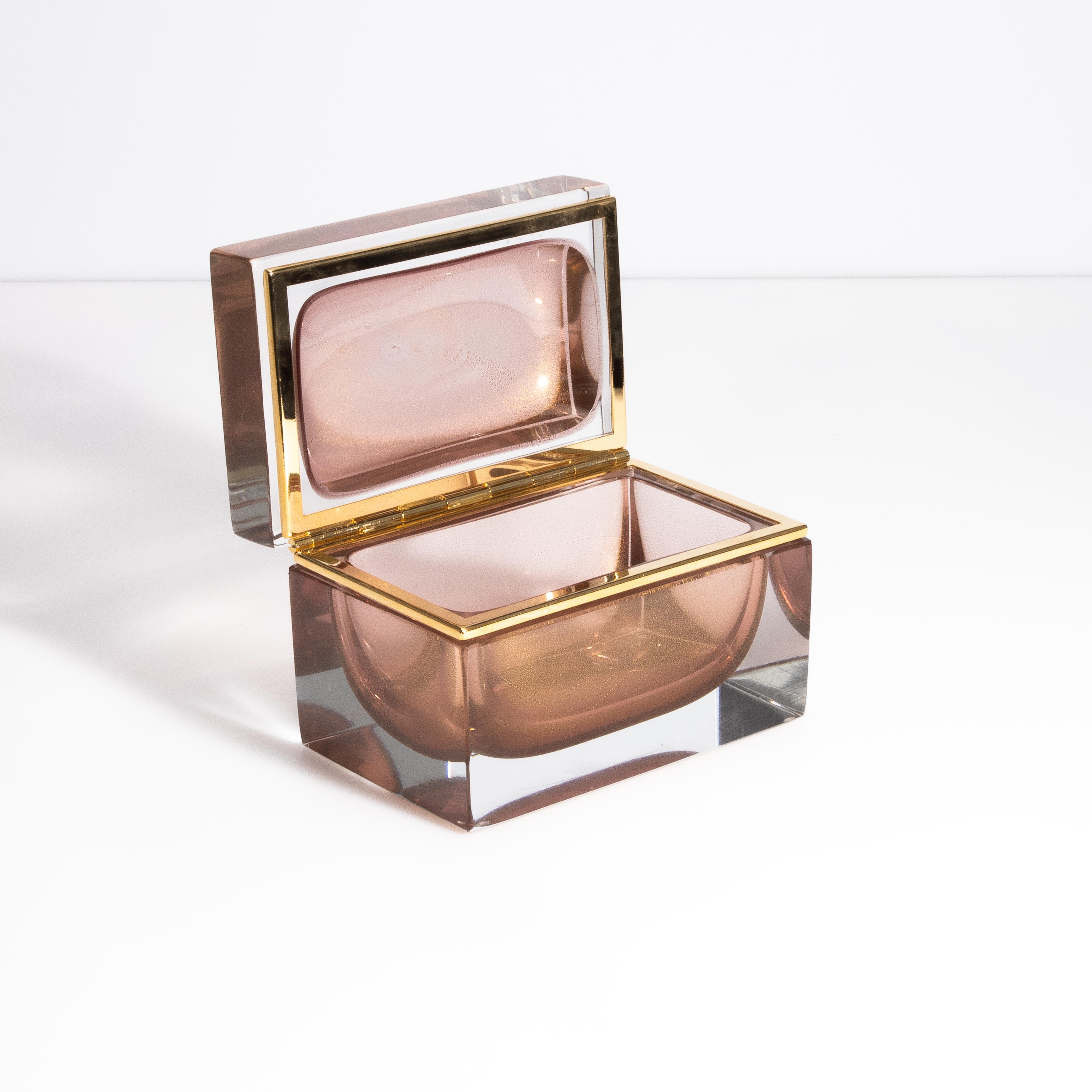 Contemporary Hand Blown Murano Glass Box in Amethyst with 24 Karat Gold Flecks For Sale
