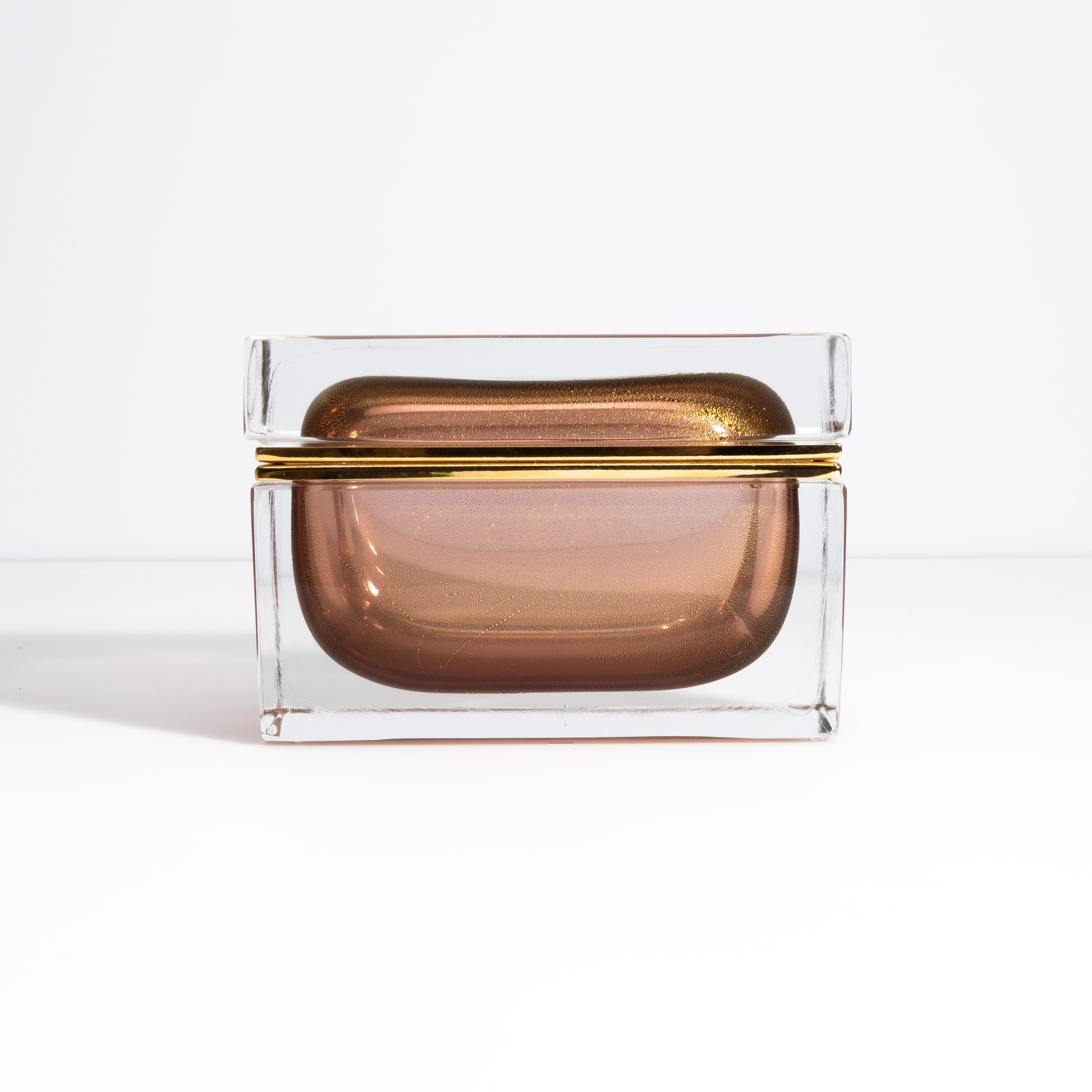 Brass Hand Blown Murano Glass Box in Amethyst with 24 Karat Gold Flecks For Sale
