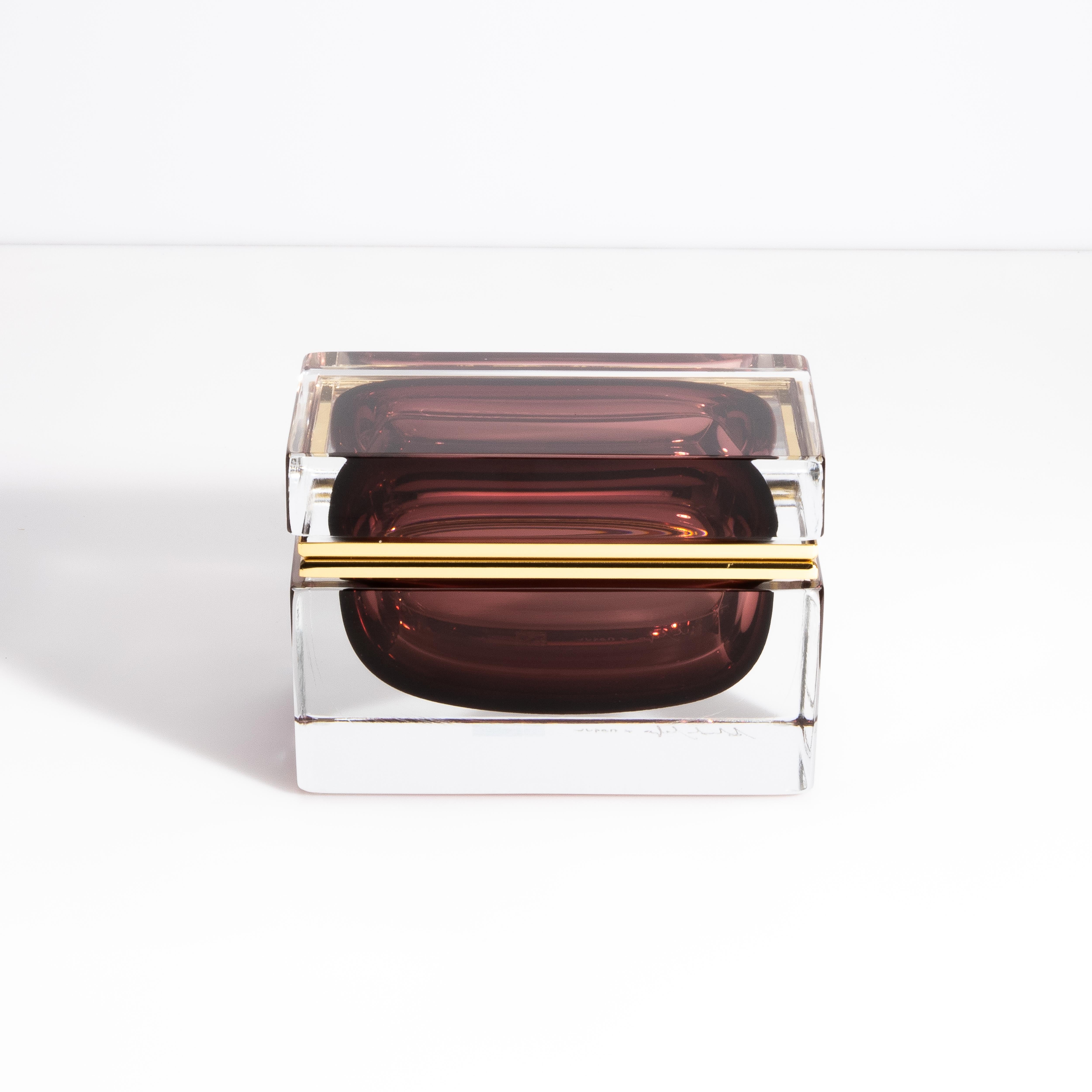 Modern Hand Blown Murano Glass Box in Amethyst with Brass Fittings