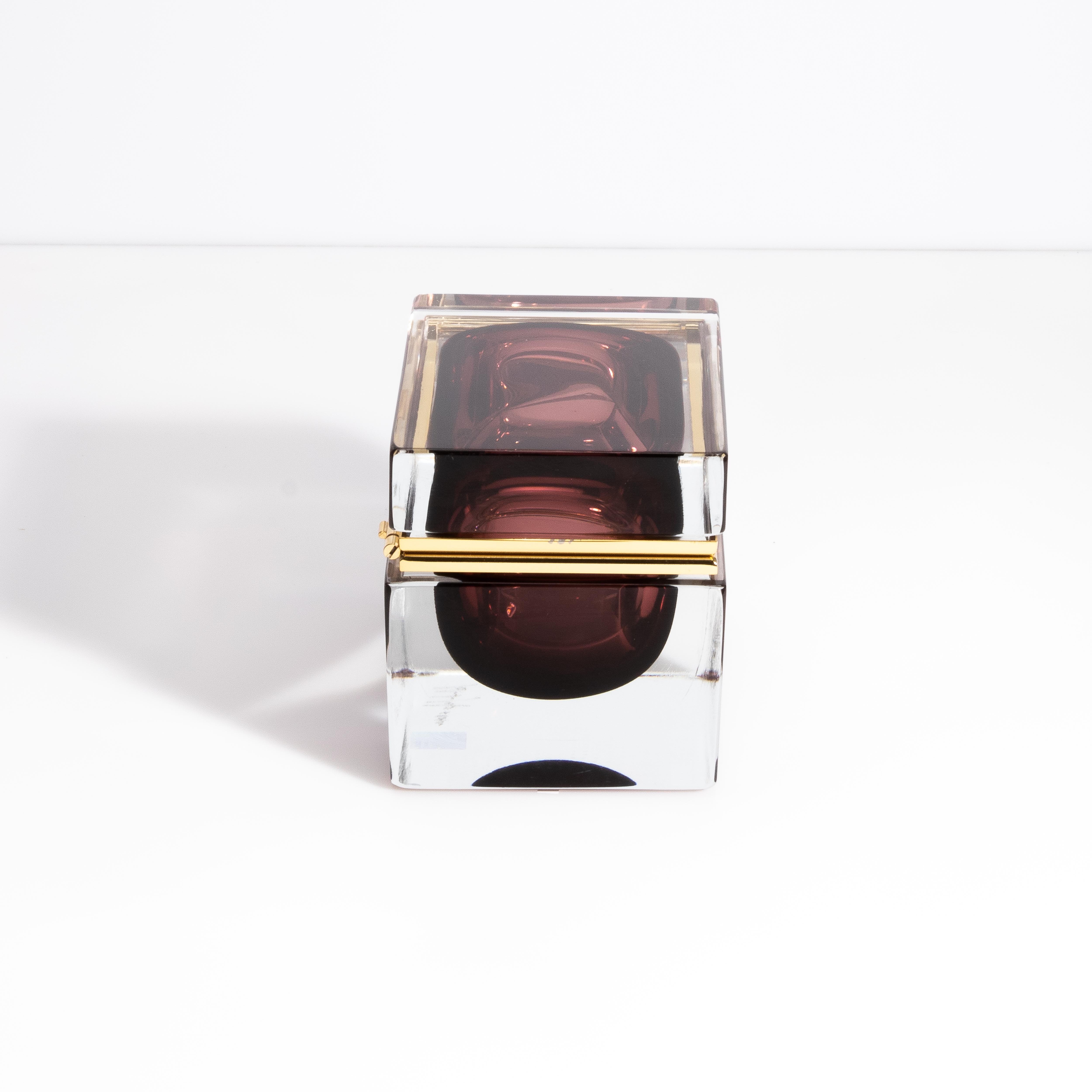 Italian Hand Blown Murano Glass Box in Amethyst with Brass Fittings