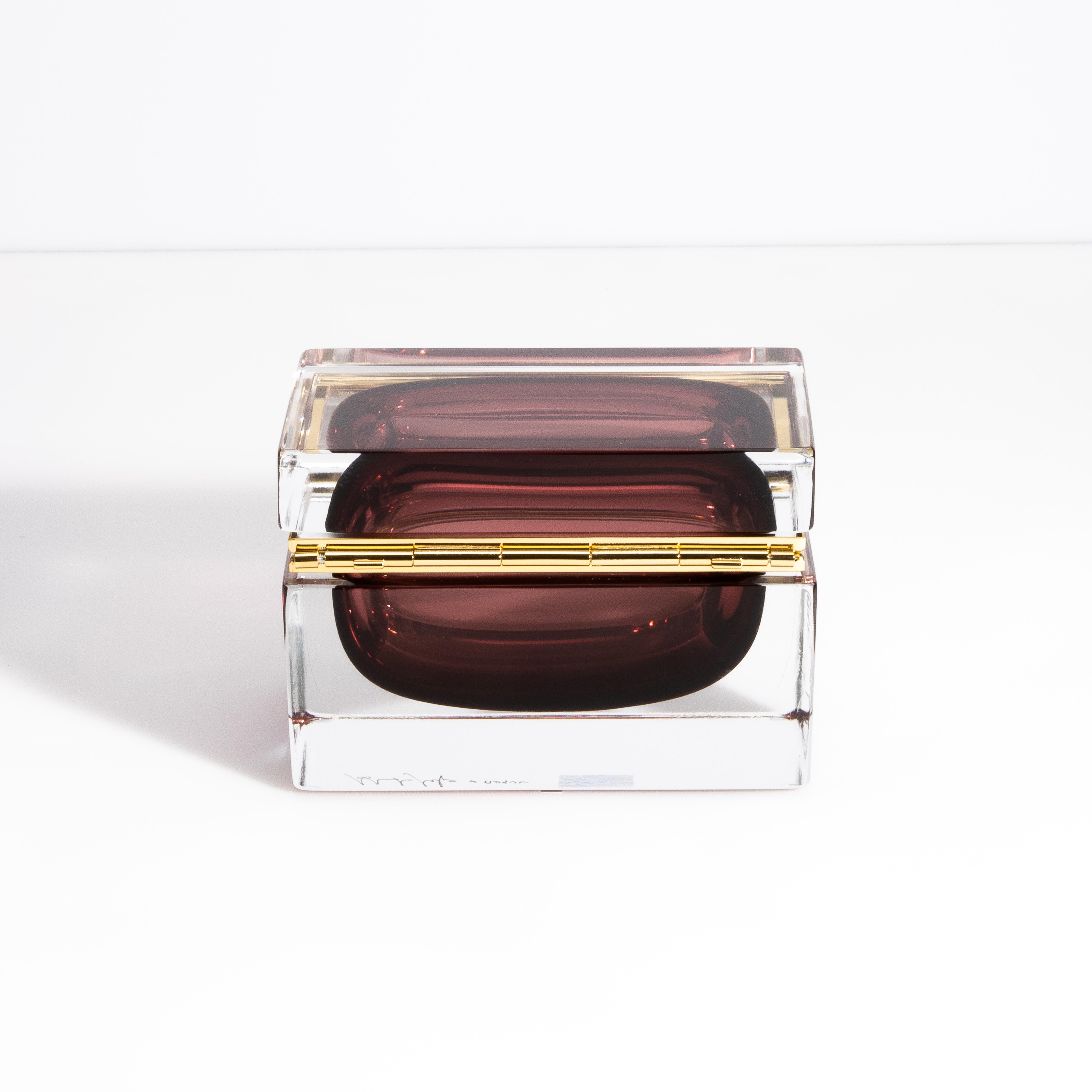 Hand-Crafted Hand Blown Murano Glass Box in Amethyst with Brass Fittings