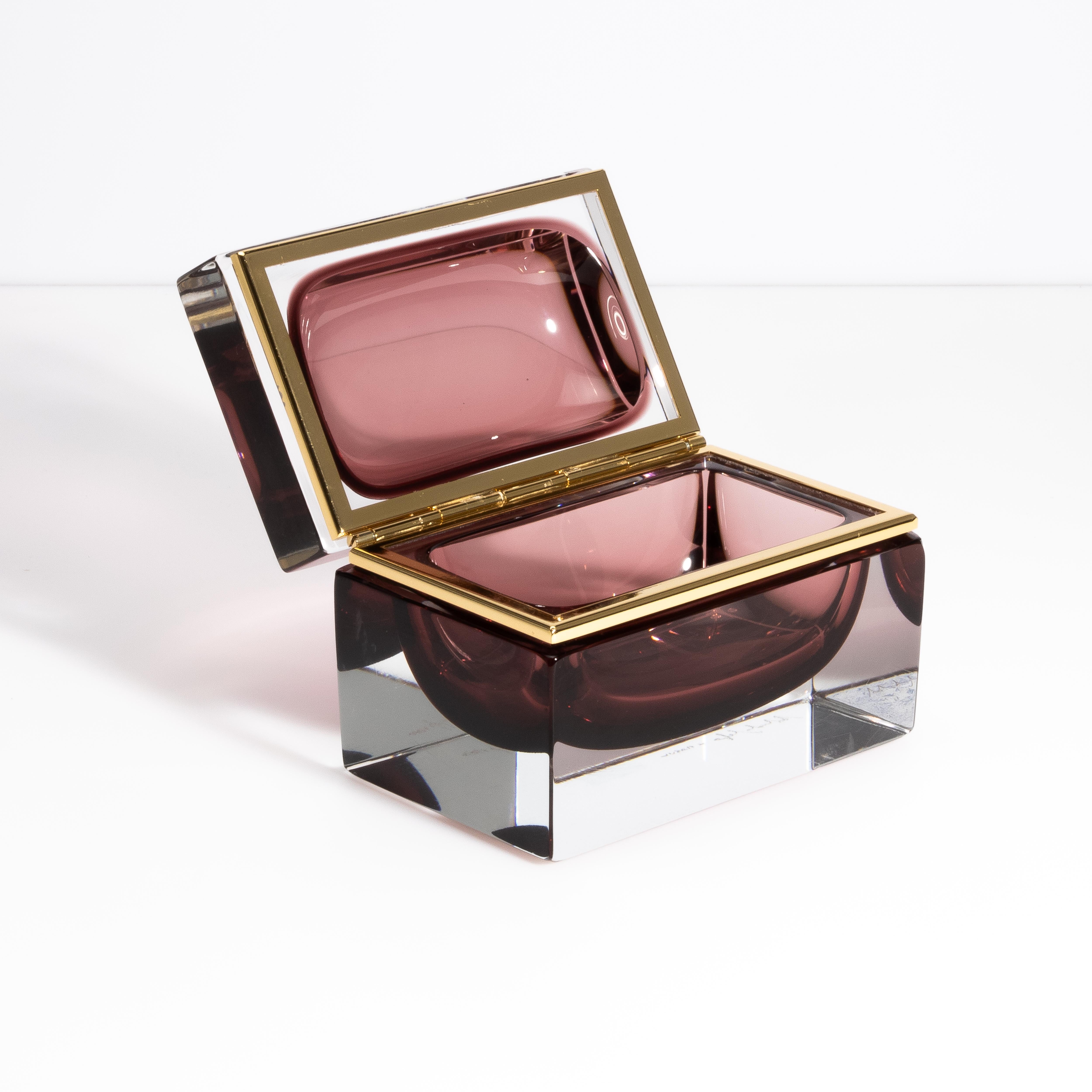 Contemporary Hand Blown Murano Glass Box in Amethyst with Brass Fittings