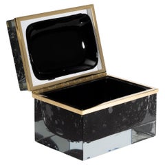 Hand Blown Murano Glass Box in Black with Bubbles and Brass Fittings