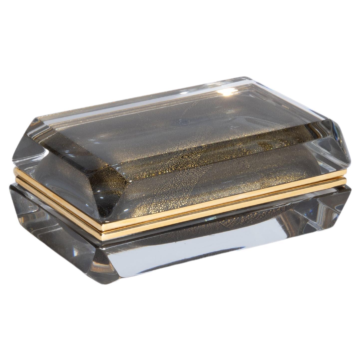 Caja de cristal de Murano soplado a mano en gris con motas de oro de 24 quilates