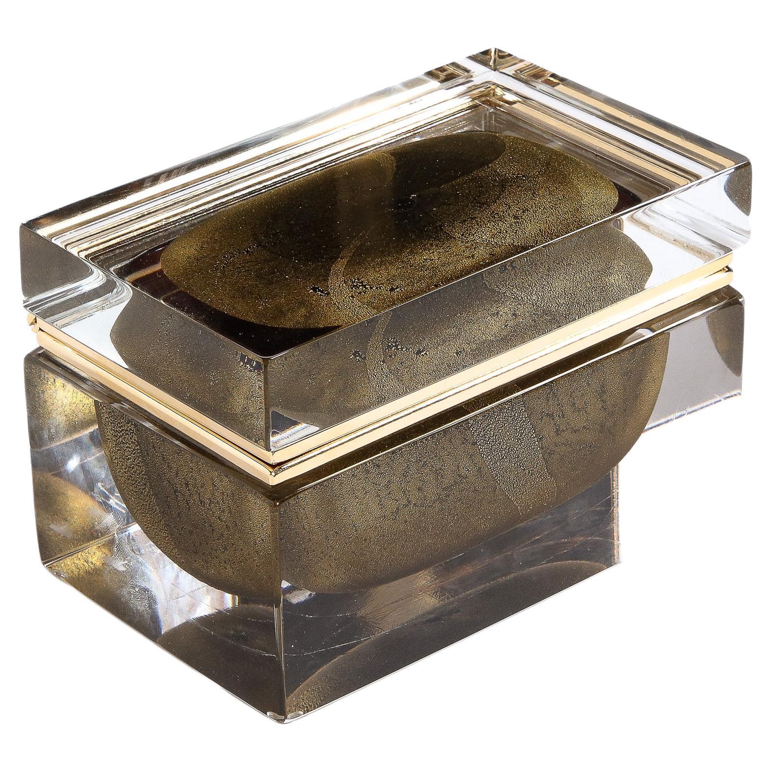 Caja de cristal de Murano soplado a mano en negro ónix con motas de oro de 24 quilates
