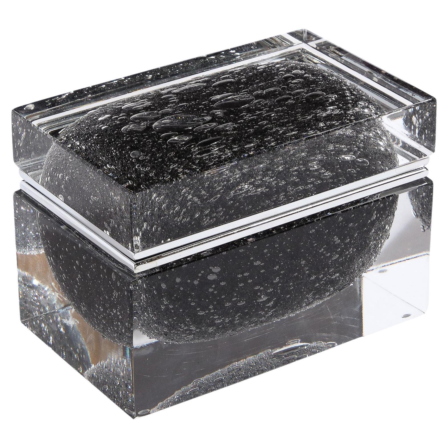 Hand Blown Murano Glass Box in Onyx Black with Murine Detailing For Sale