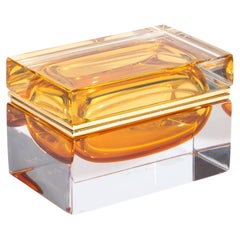 Hand Blown Murano Glass Box Large in Amber with Brass Fittings
