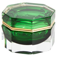 Hand Blown Murano Glass Box Octagonal L in Emerald Green with Brass Fittings