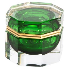 Hand Blown Murano Glass Box Octagonal M in Emerald Green with Brass Fittings