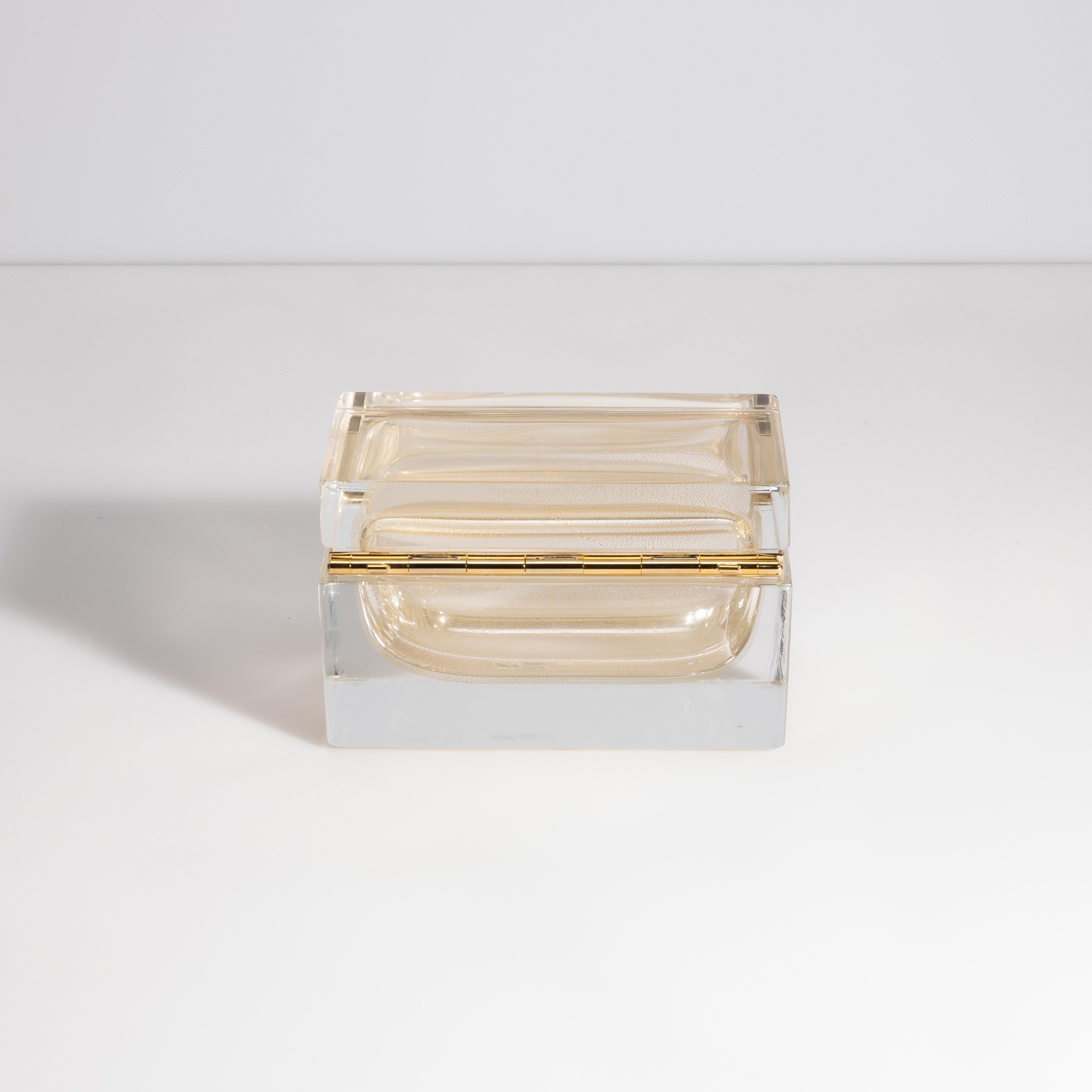 Italian Hand Blown Murano Glass Box with 24 Karat Gold Flecks and Brass Fittings