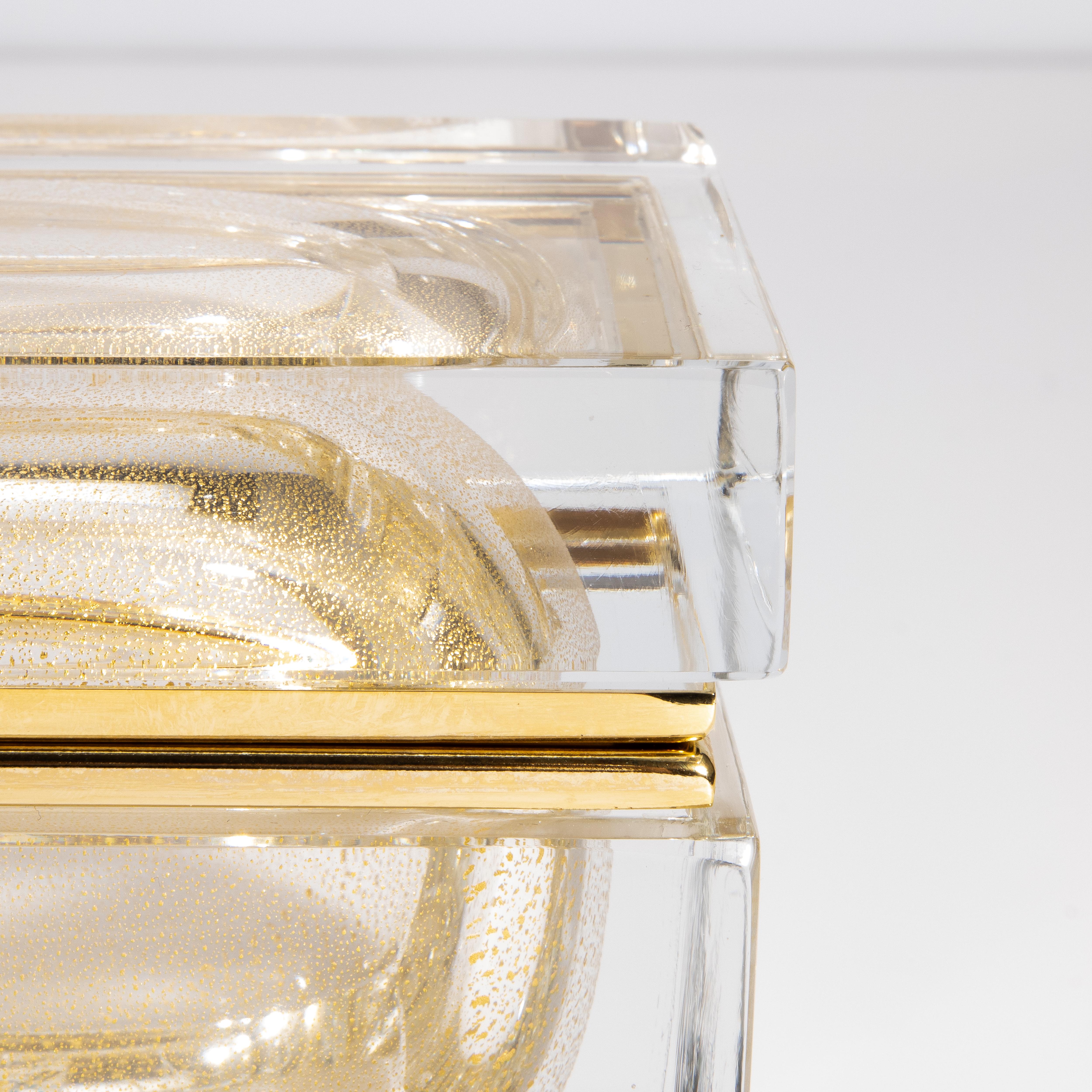 Dose aus mundgeblasenem Muranoglas mit 24 Karat Goldflecken und Messingbeschlägen im Angebot 1