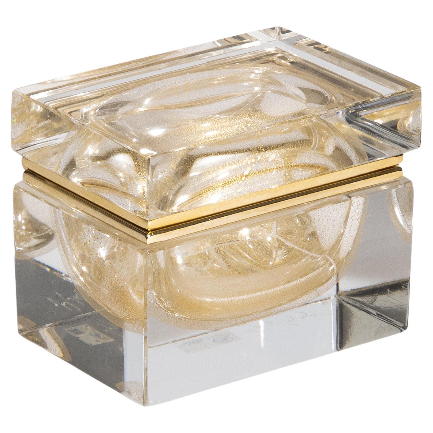 Hand Blown Murano Glass Box with 24 Karat Gold Flecks and Brass Fittings