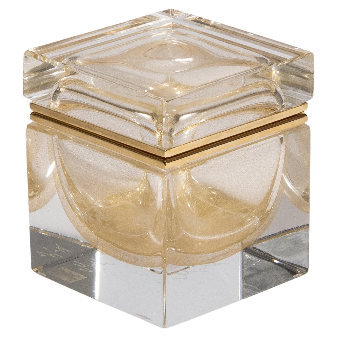 Hand Blown Murano Glass Box with 24 Karat Gold Flecks and Brass Fittings