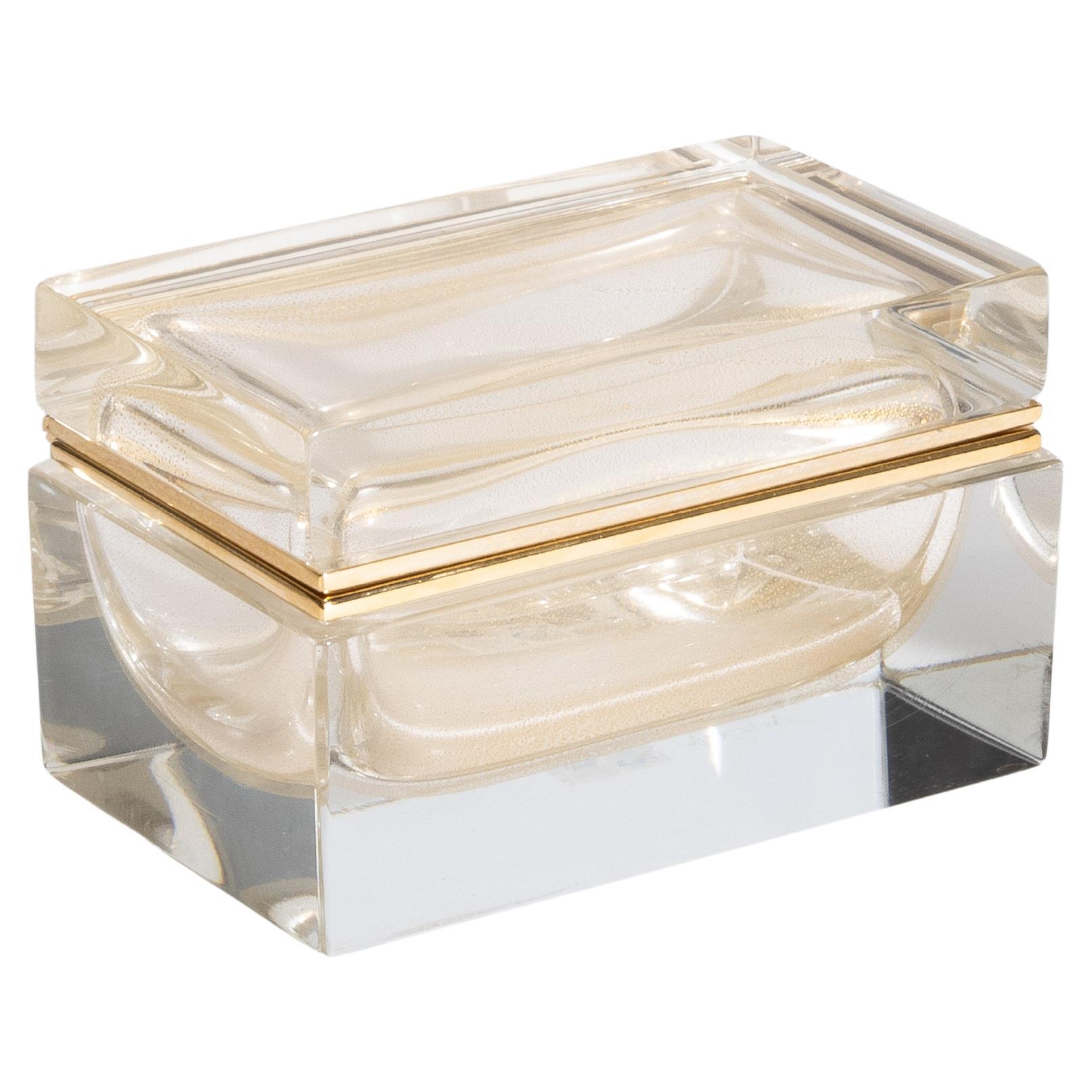Hand Blown Murano Glass Box with 24 Karat Gold Flecks and Brass Fittings