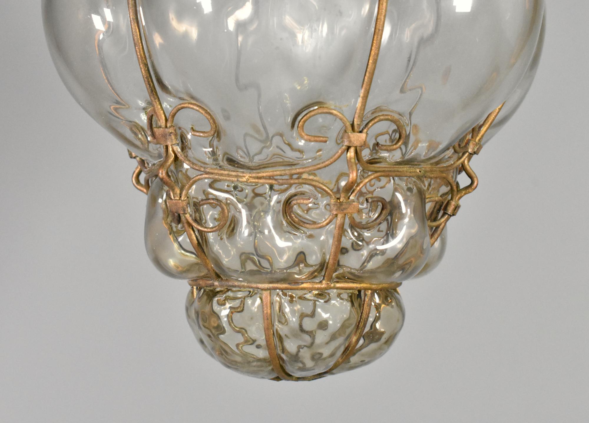 Hand Blown Murano Glass Caged Pendant Lantern For Sale 3