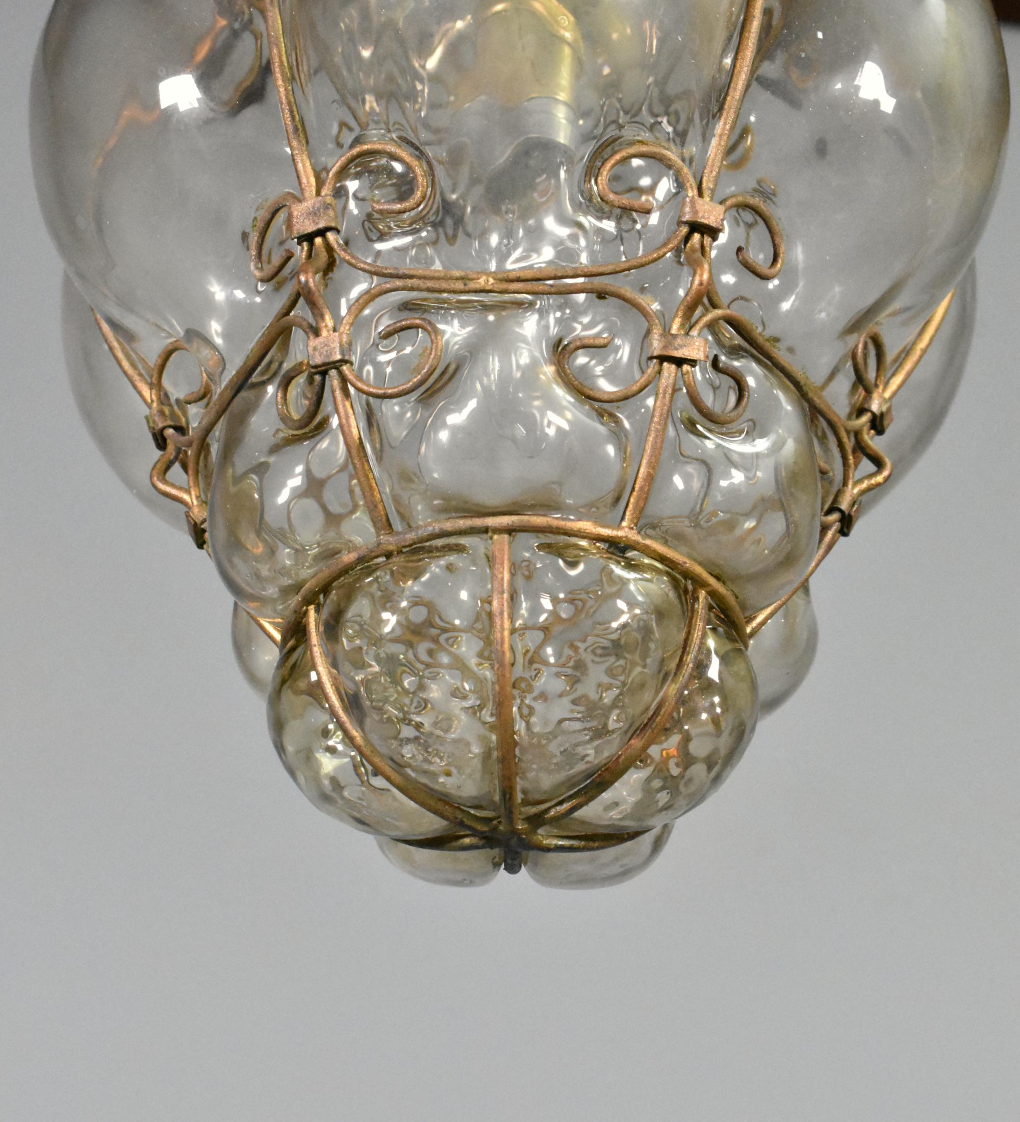 Hand Blown Murano Glass Caged Pendant Lantern For Sale 4