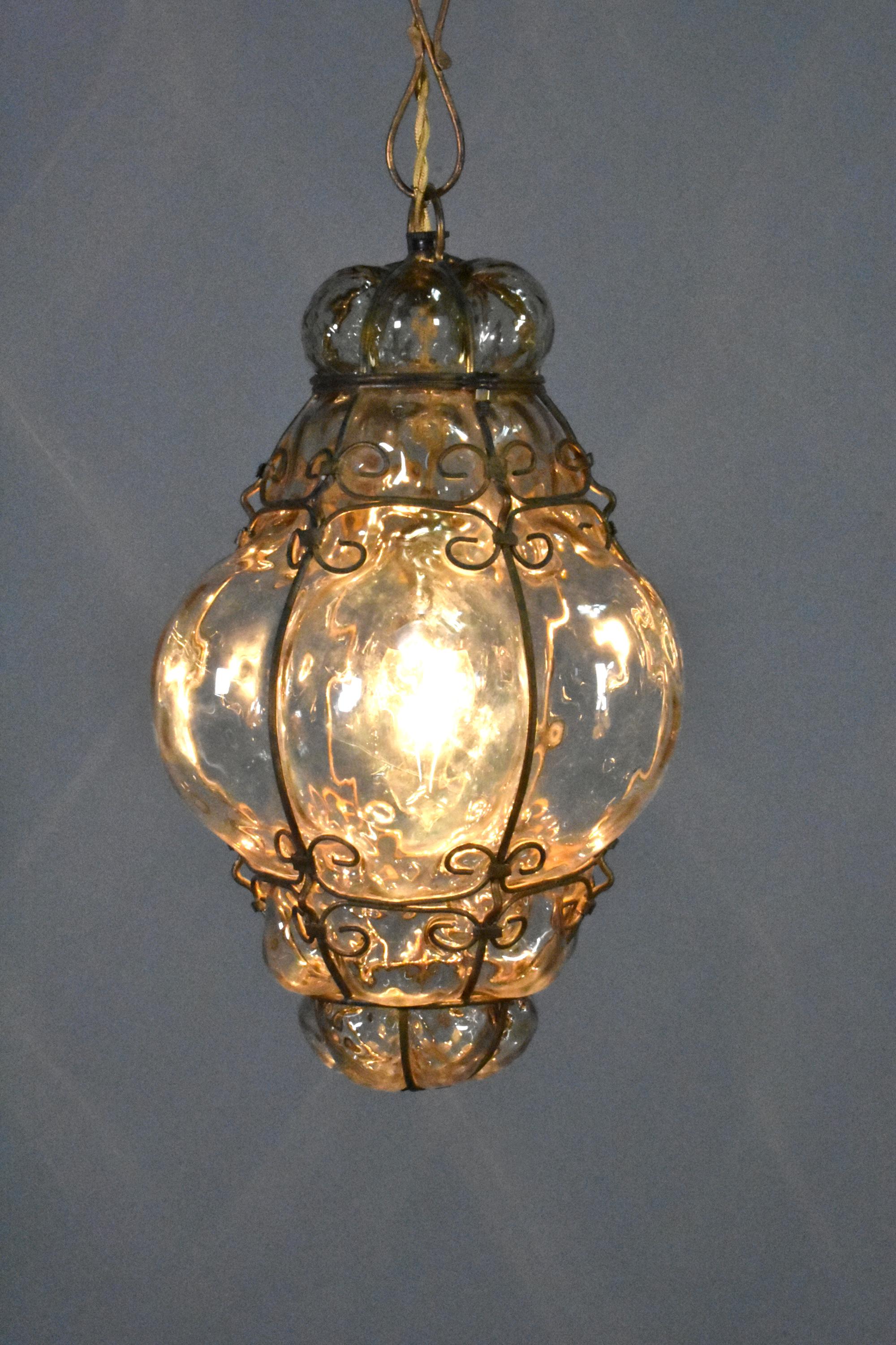Hand Blown Murano Glass Caged Pendant Lantern For Sale 6