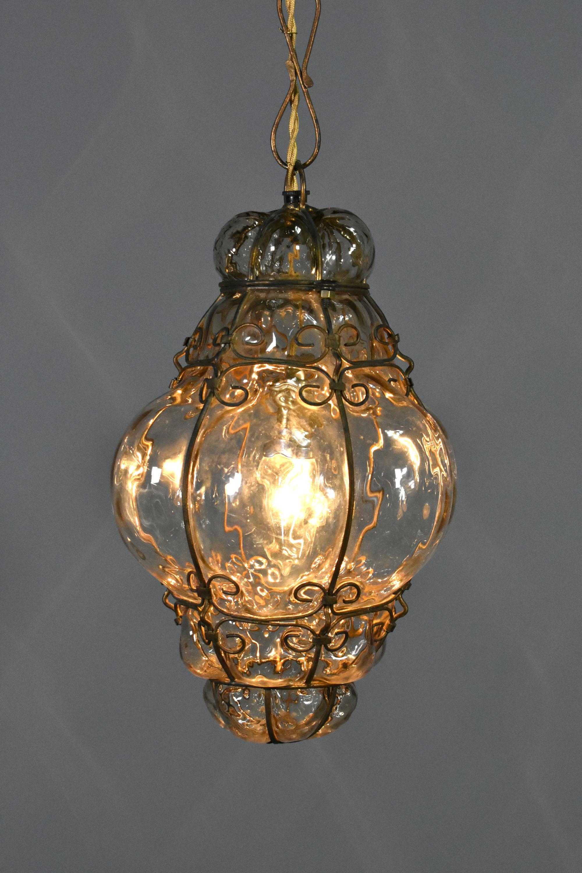 Hand Blown Murano Glass Caged Pendant Lantern For Sale 7