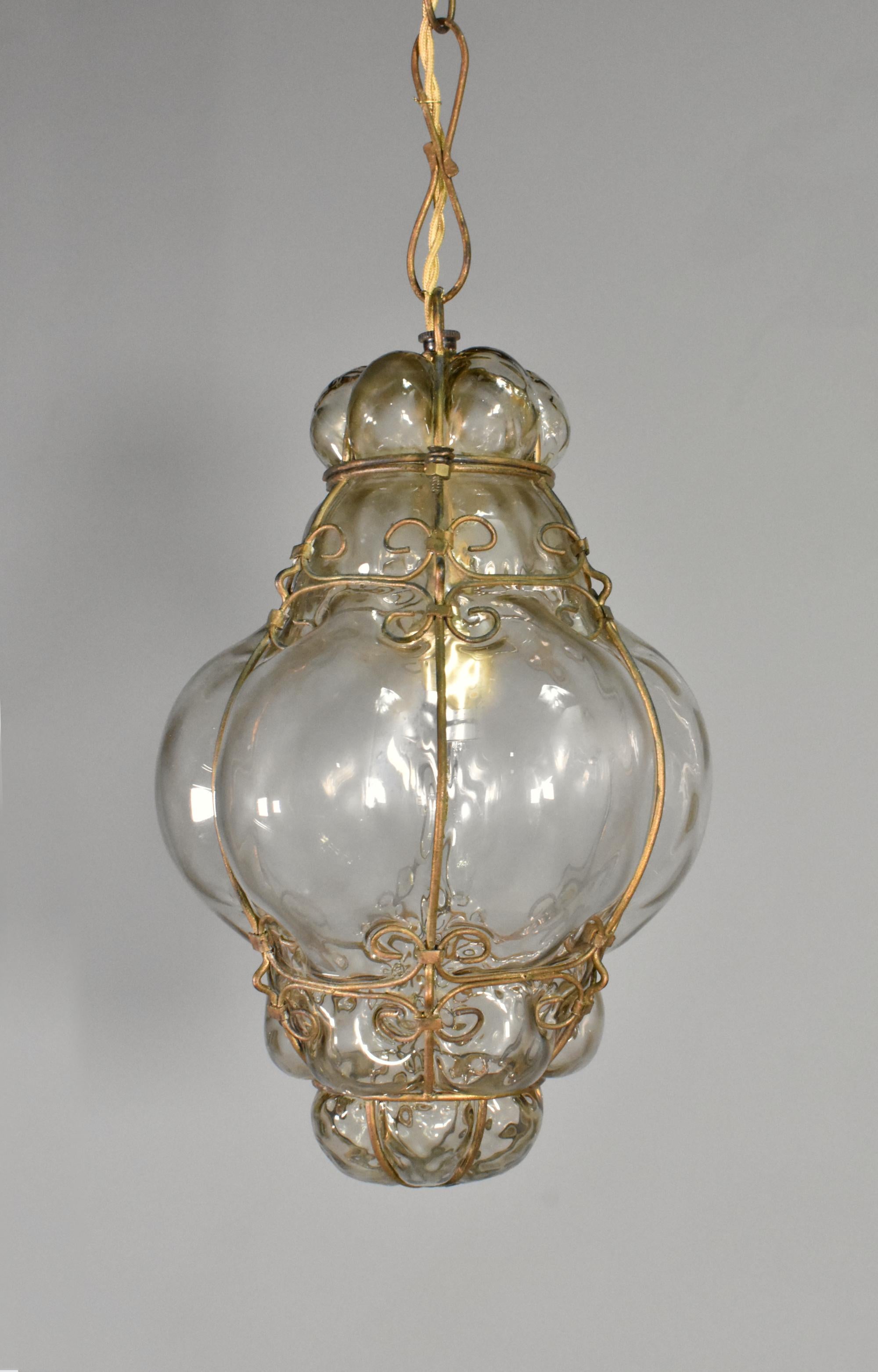 Hand-Crafted Hand Blown Murano Glass Caged Pendant Lantern For Sale