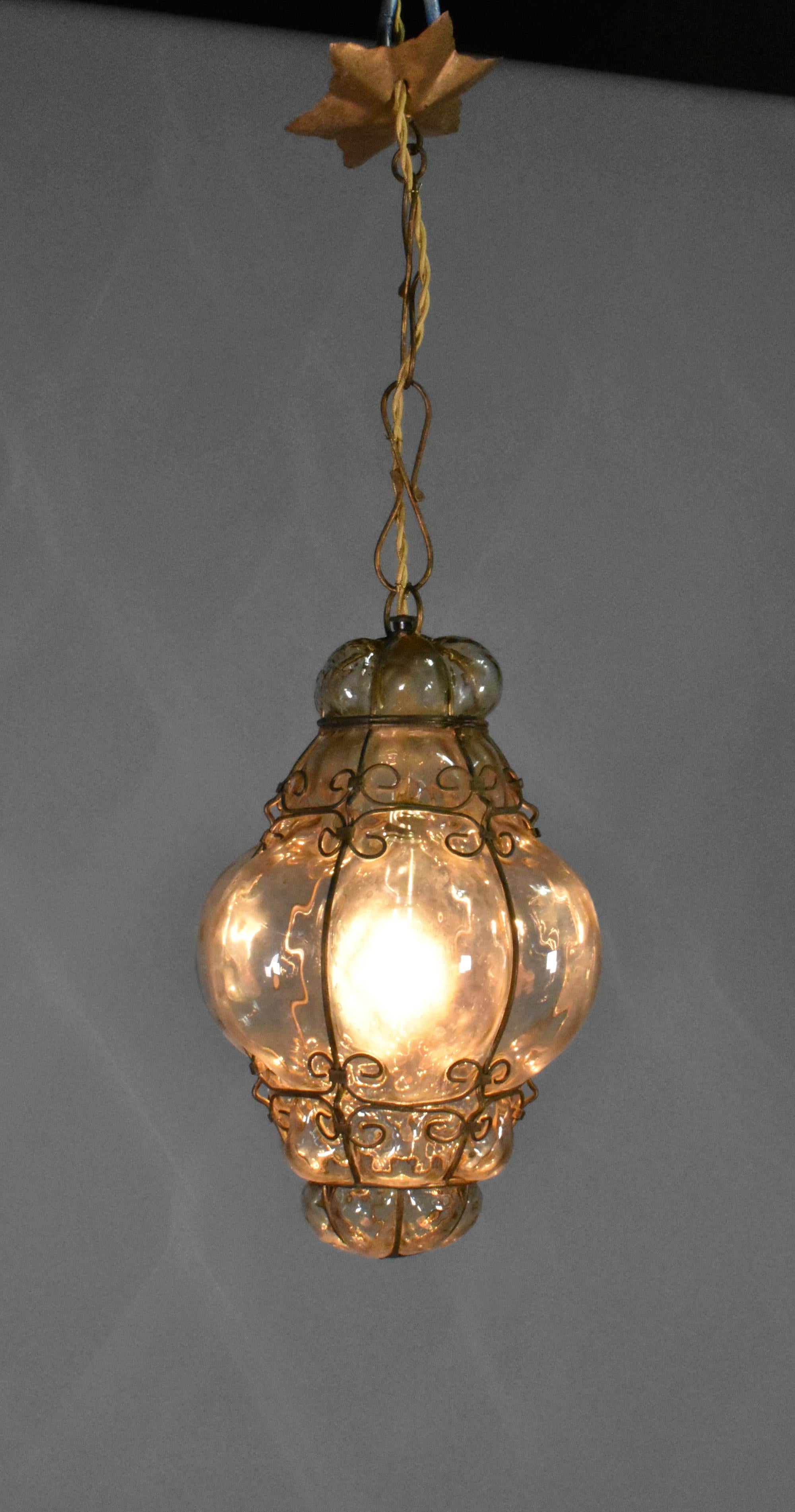 Hand Blown Murano Glass Caged Pendant Lantern In Good Condition For Sale In SAINTE-COLOMBE, FR