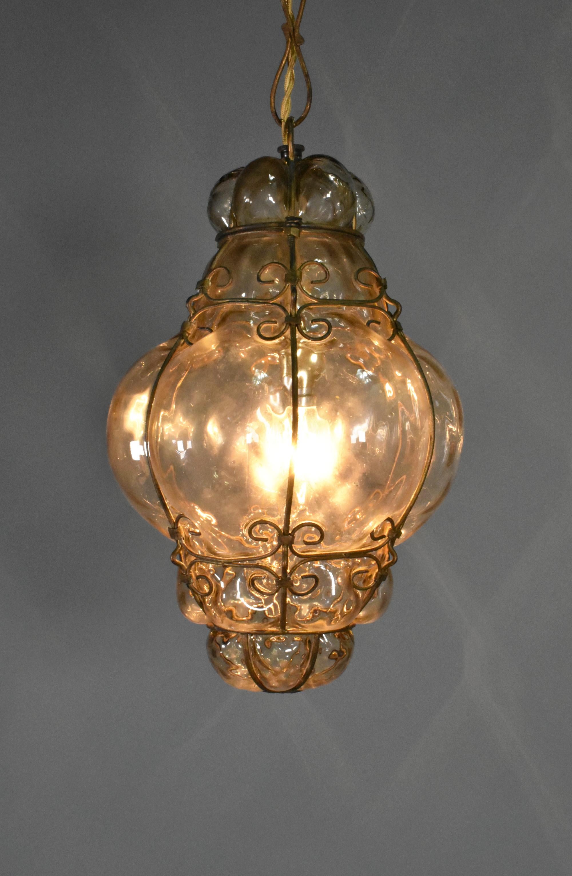 Metal Hand Blown Murano Glass Caged Pendant Lantern For Sale