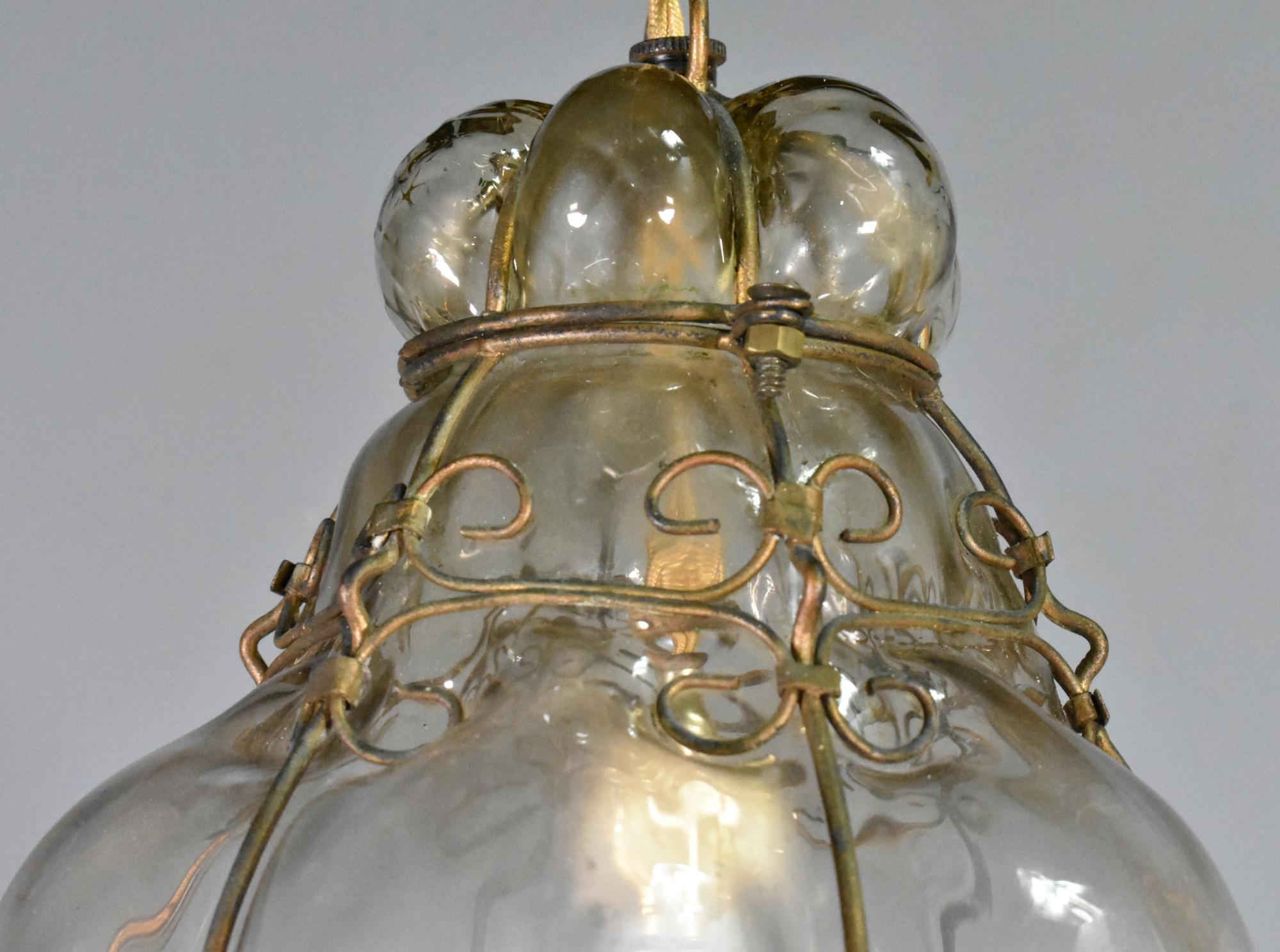 Hand Blown Murano Glass Caged Pendant Lantern For Sale 1