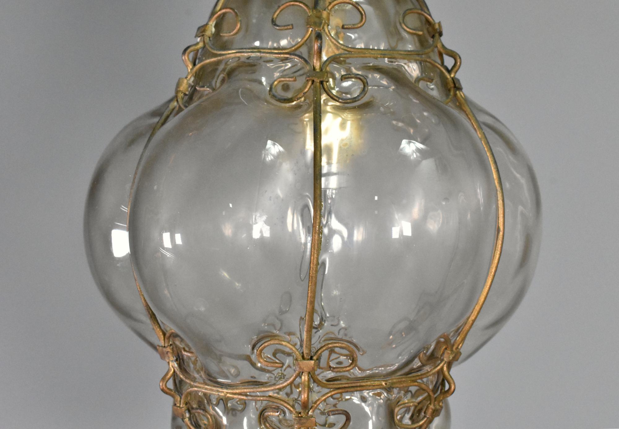 Hand Blown Murano Glass Caged Pendant Lantern For Sale 2