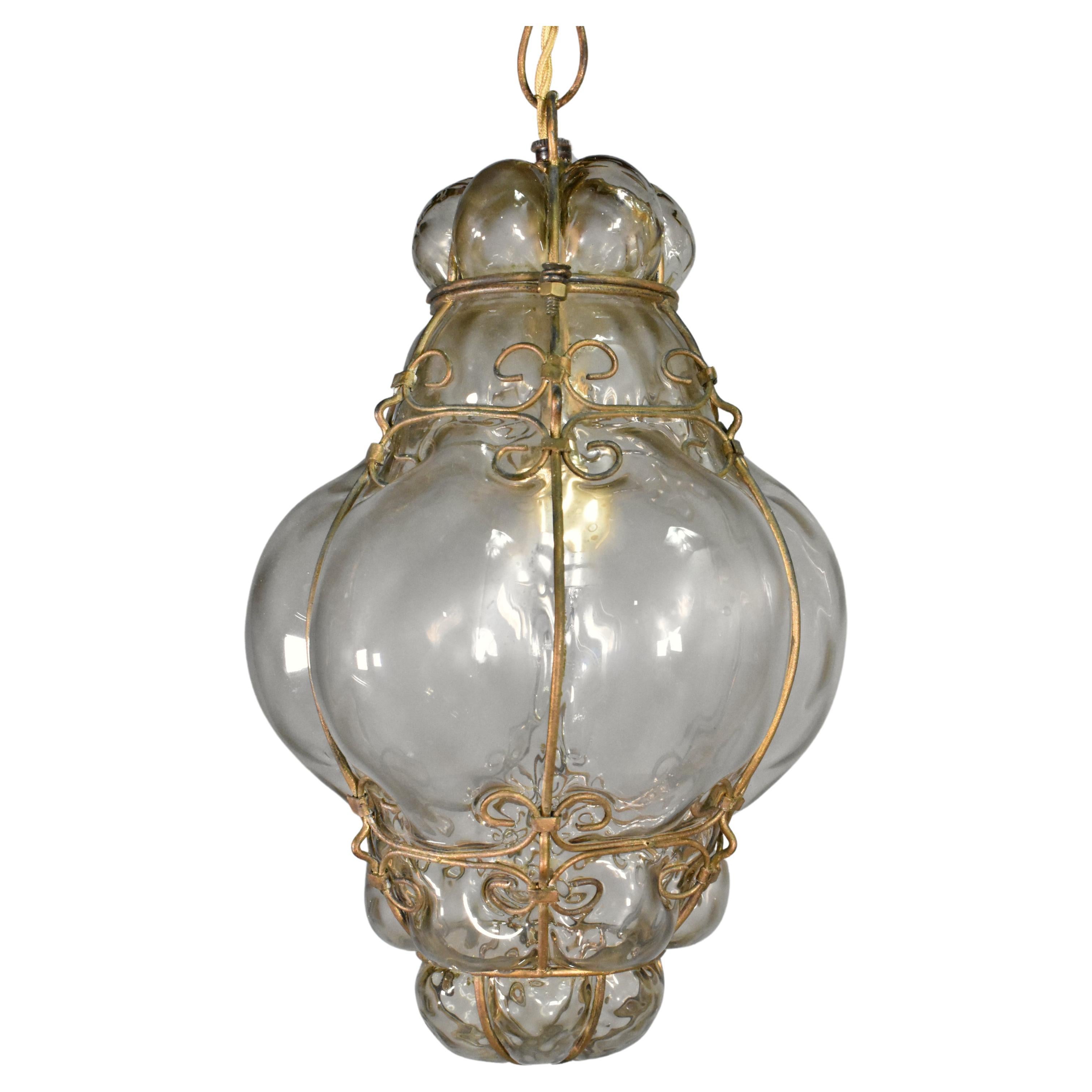 Hand Blown Murano Glass Caged Pendant Lantern For Sale
