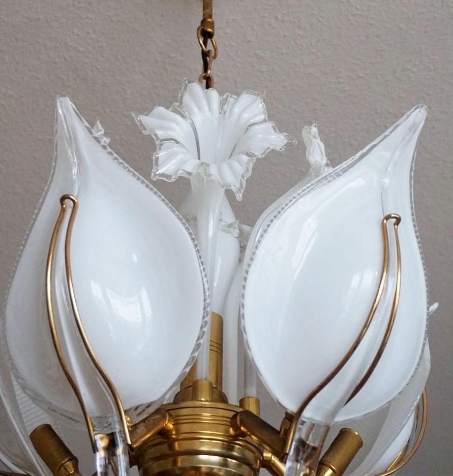 Gilt Hand Blown Murano Glass Calla Lily Chandelier by Franco Luce, Italy, 1960s