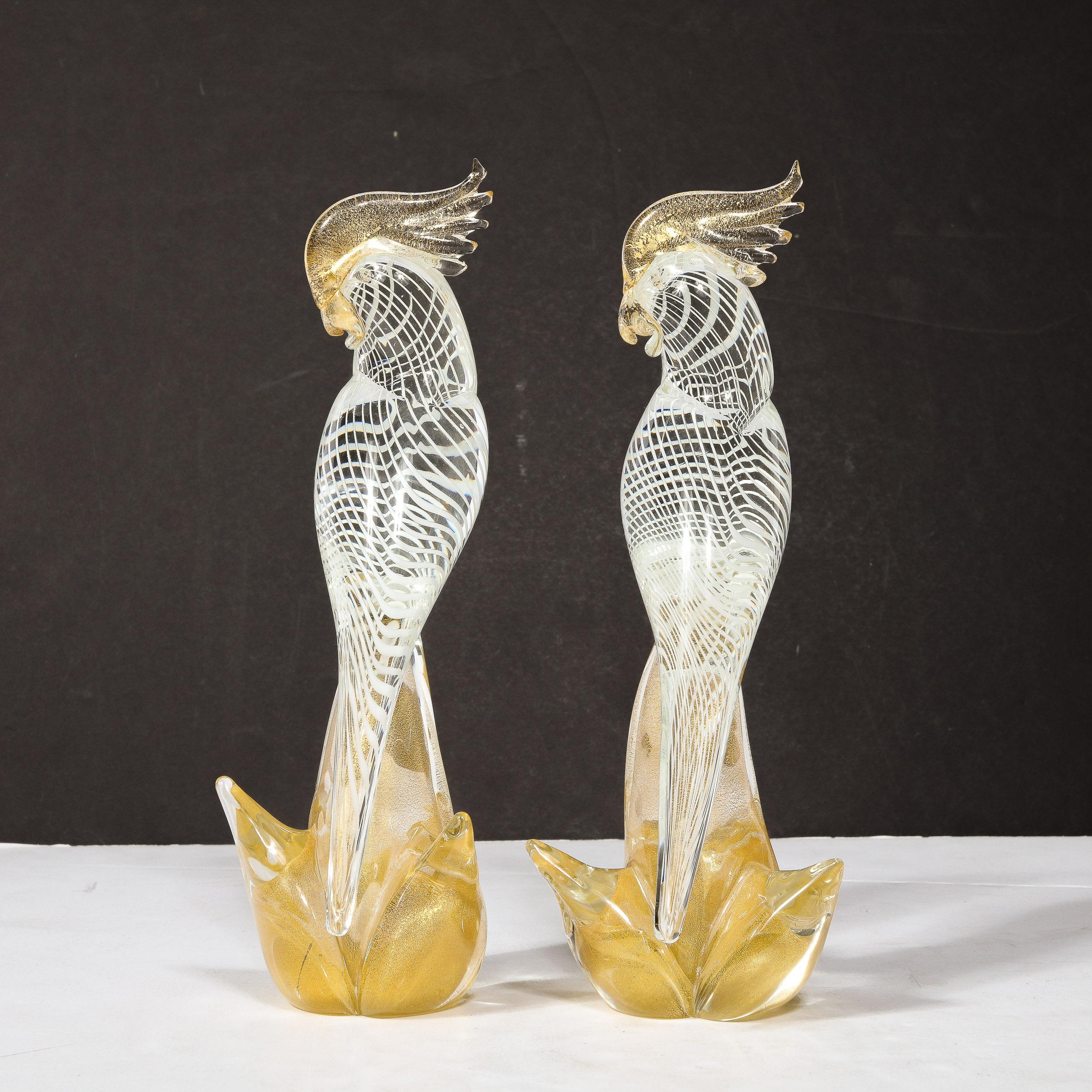 Hand-Blown Murano Glass Cockatiels w/ Filigree Details and 24 Karat Gold Flecks 8
