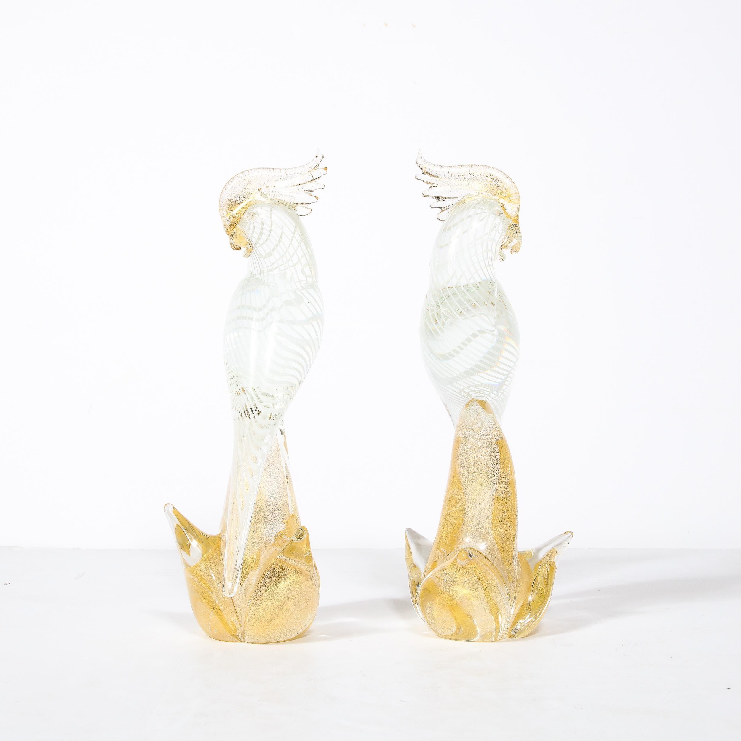 Mid-Century Modern Hand-Blown Murano Glass Cockatiels w/ Filigree Details and 24 Karat Gold Flecks