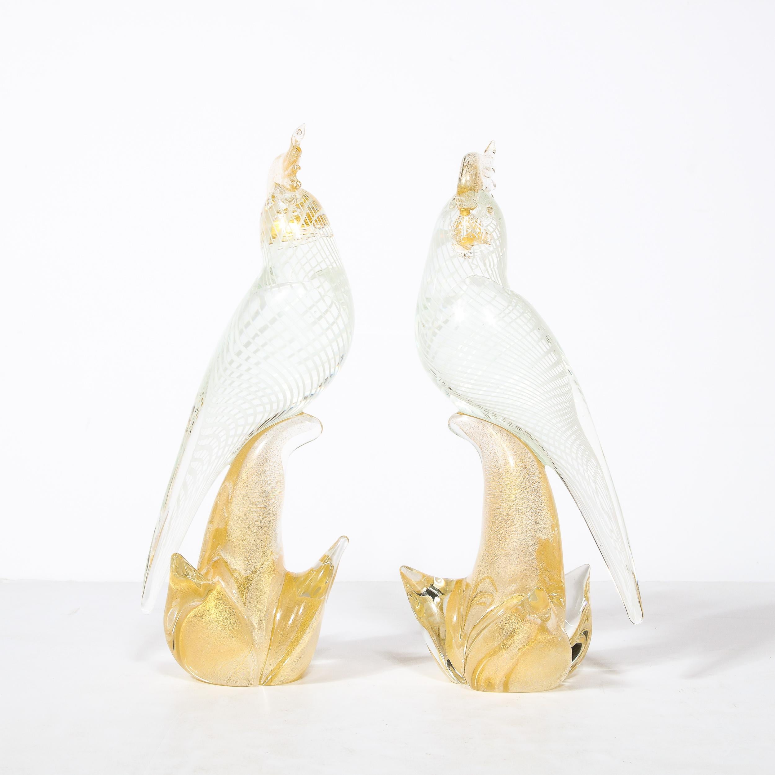 Italian Hand-Blown Murano Glass Cockatiels w/ Filigree Details and 24 Karat Gold Flecks