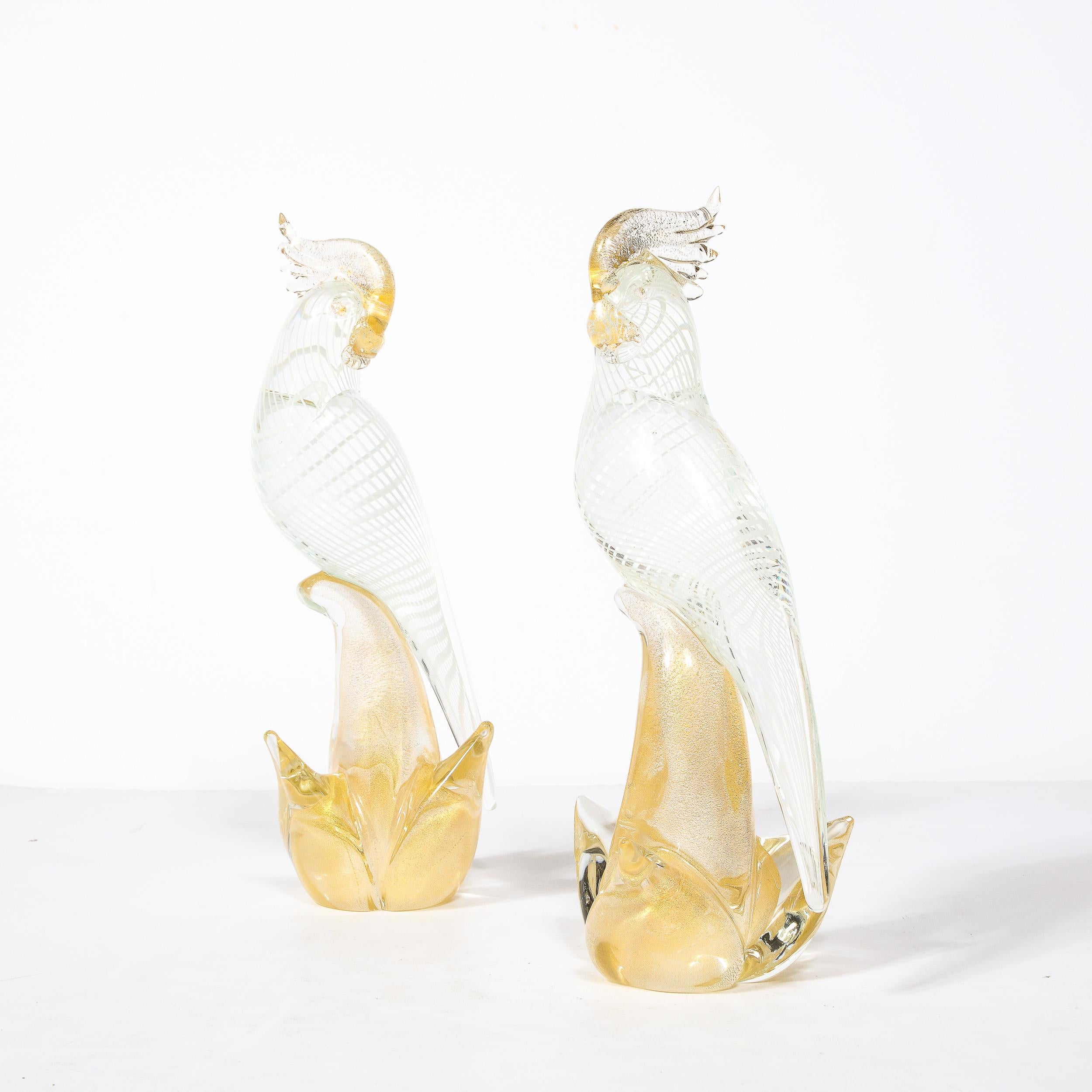 Mid-20th Century Hand-Blown Murano Glass Cockatiels w/ Filigree Details and 24 Karat Gold Flecks