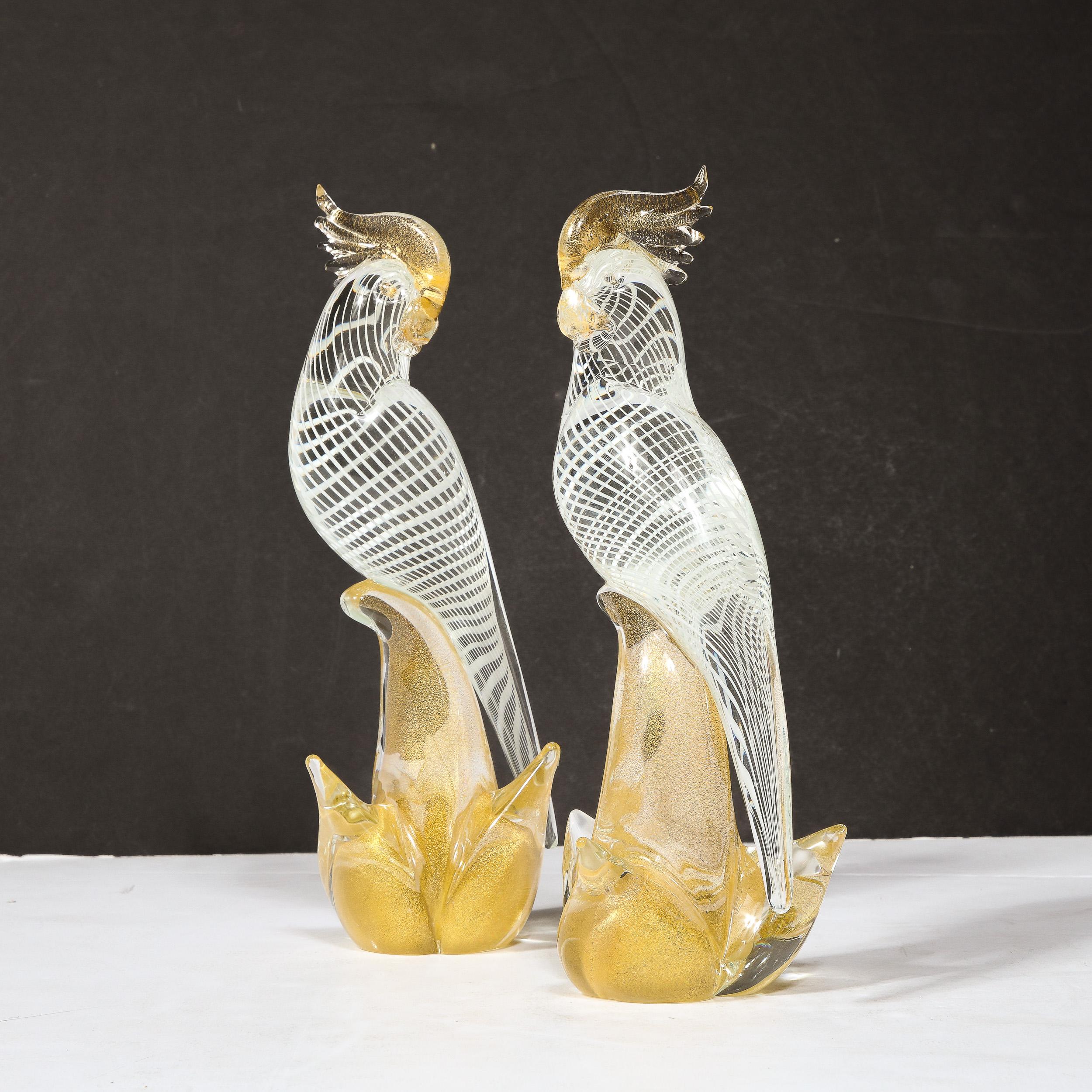 Hand-Blown Murano Glass Cockatiels w/ Filigree Details and 24 Karat Gold Flecks 2