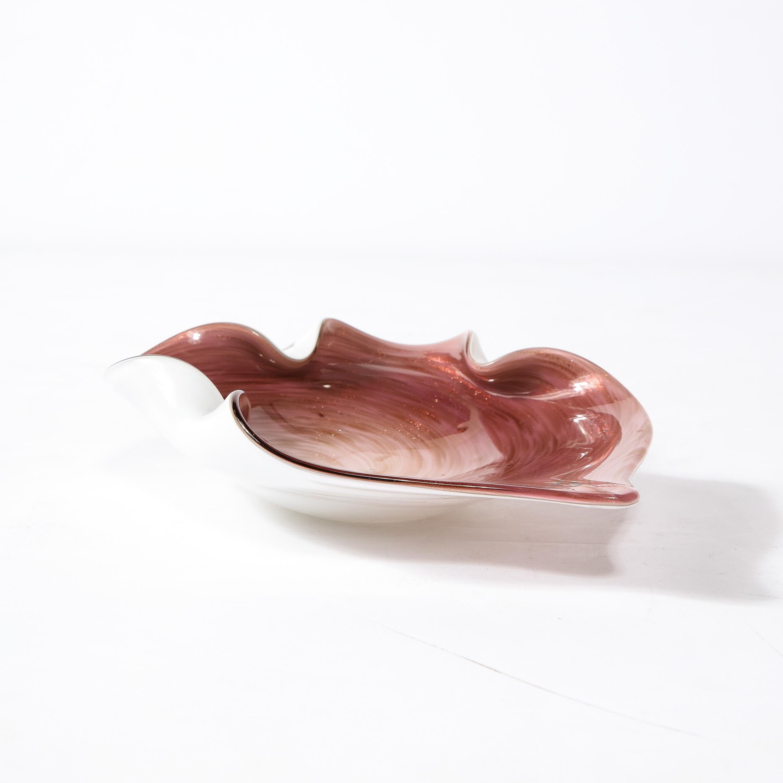 Mid-20th Century Hand-Blown Murano Glass Dish in Swirled Amethyst with Crimped Detailing  For Sale